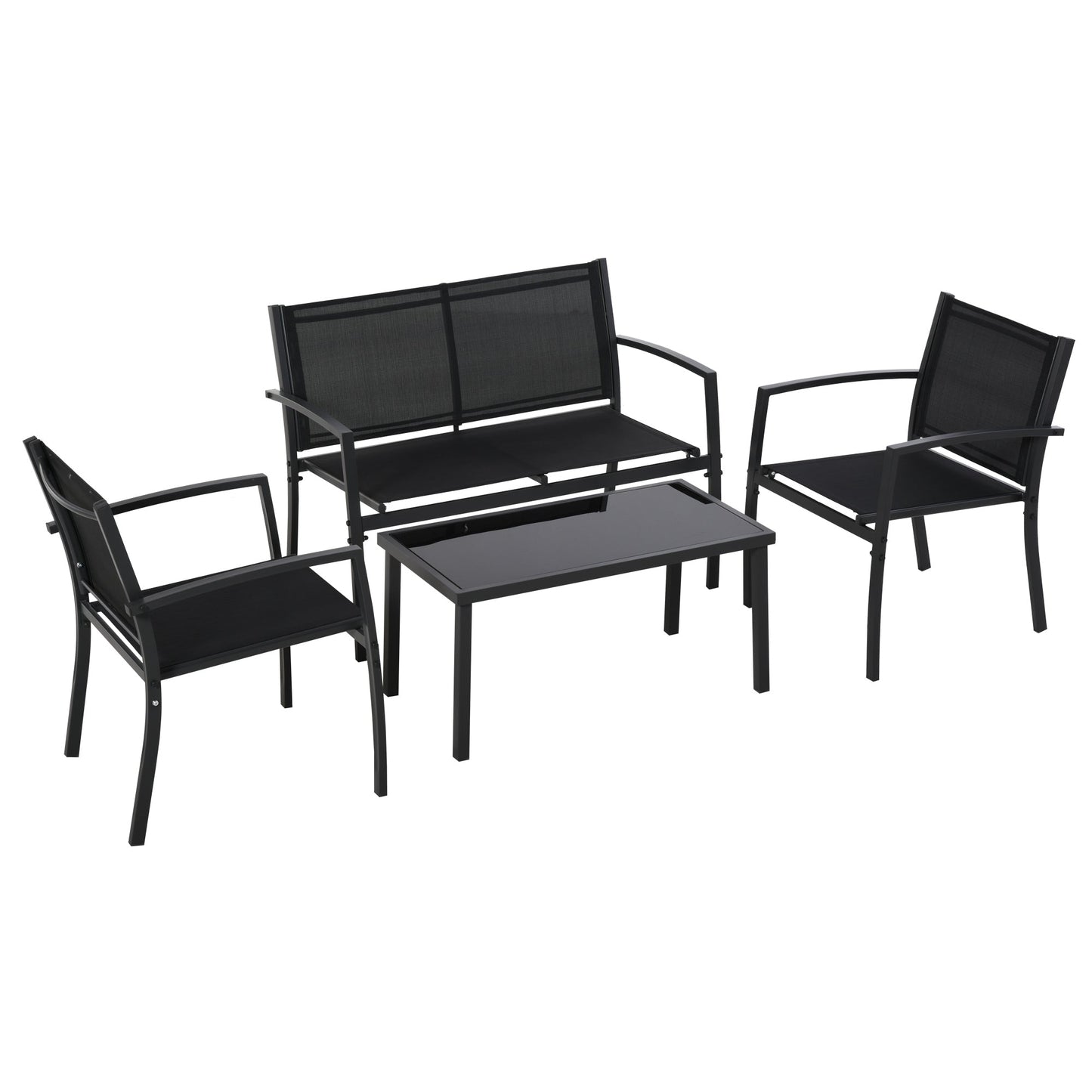 4 Piece Patio Furniture Set with Breathable Mesh Seat, Metal Outdoor Furniture Set with Loveseat, Armchairs and Glass Top Coffee Table for Garden, Balcony, Black
