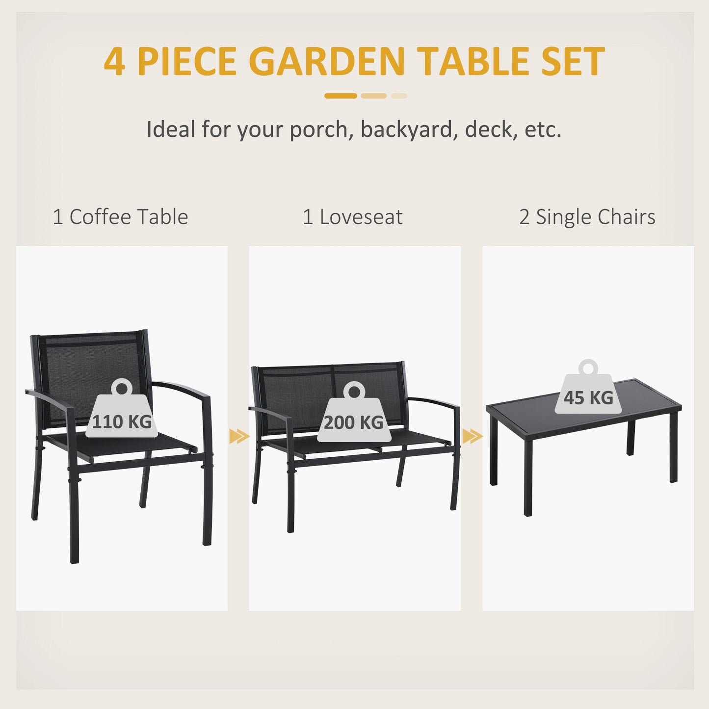 4 Piece Patio Furniture Set with Breathable Mesh Seat, Metal Outdoor Furniture Set with Loveseat, Armchairs and Glass Top Coffee Table for Garden, Balcony, Black