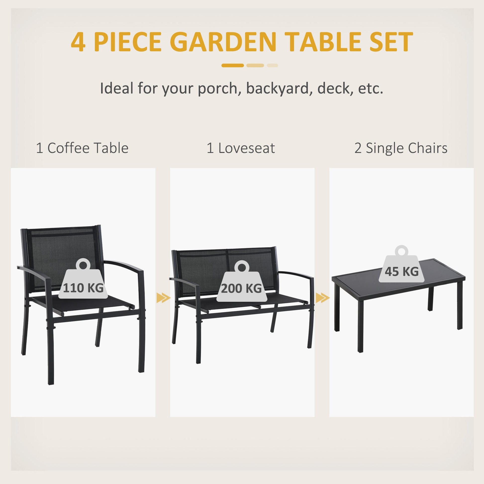 4 Piece Patio Furniture Set with Breathable Mesh Seat, Metal Outdoor Furniture Set with Loveseat, Armchairs and Glass Top Coffee Table for Garden, Balcony, Black