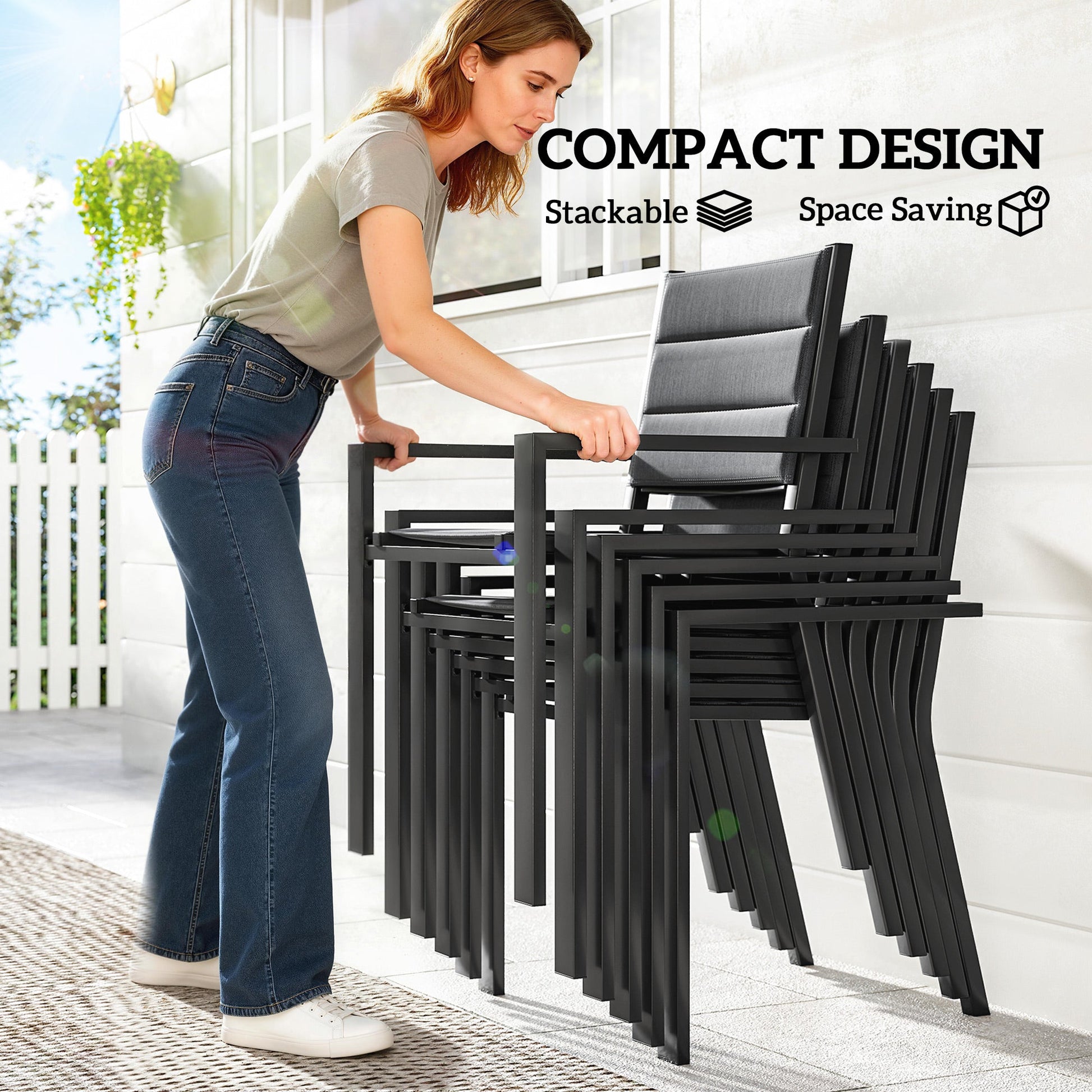 7 Piece Patio Dining Set for 6, Aluminum Expandable Outdoor Table and Stackable Chairs with Padded Back and Mesh Seats, Patio Furniture Dining Set for Garden, Black