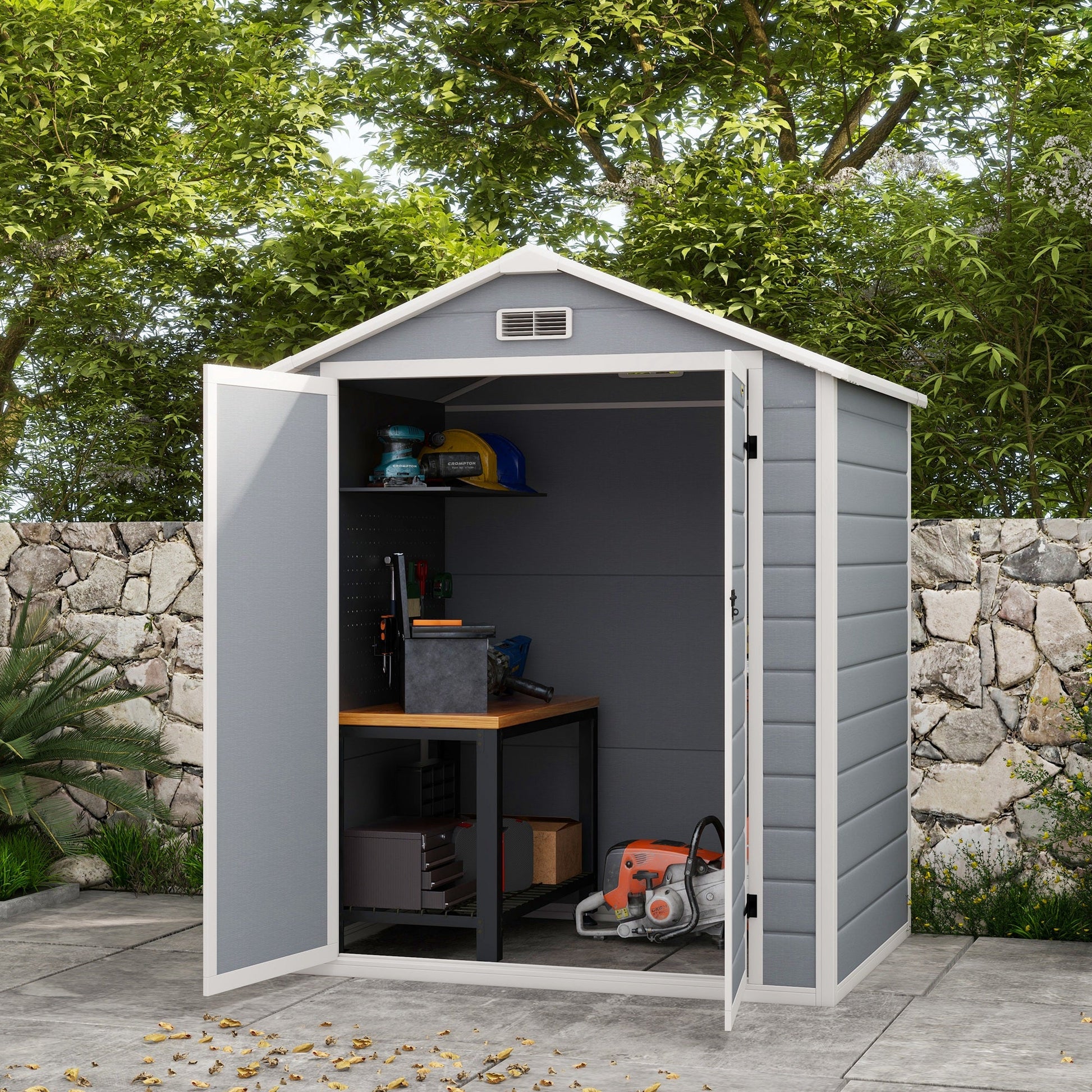 6' x 4.5' Outdoor Storage Shed, Lockable Plastic Garden Tool Storage House Organizer with Double Doors and Vents for Backyard, Patio, Lawn, Grey