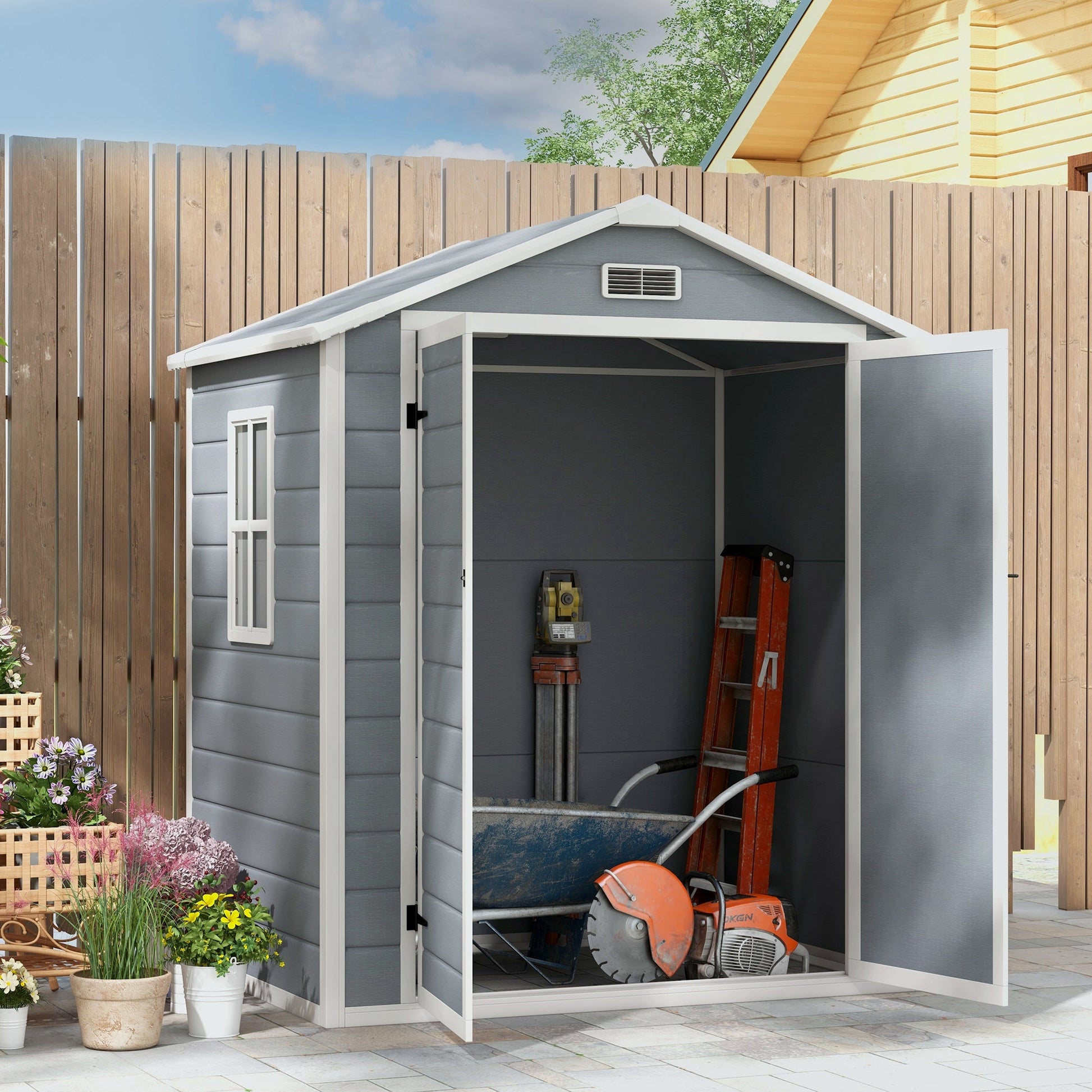 6' x 4.5' Outdoor Storage Shed, Lockable Plastic Garden Tool Storage House Organizer with Double Doors and Vents for Backyard, Patio, Lawn, Grey