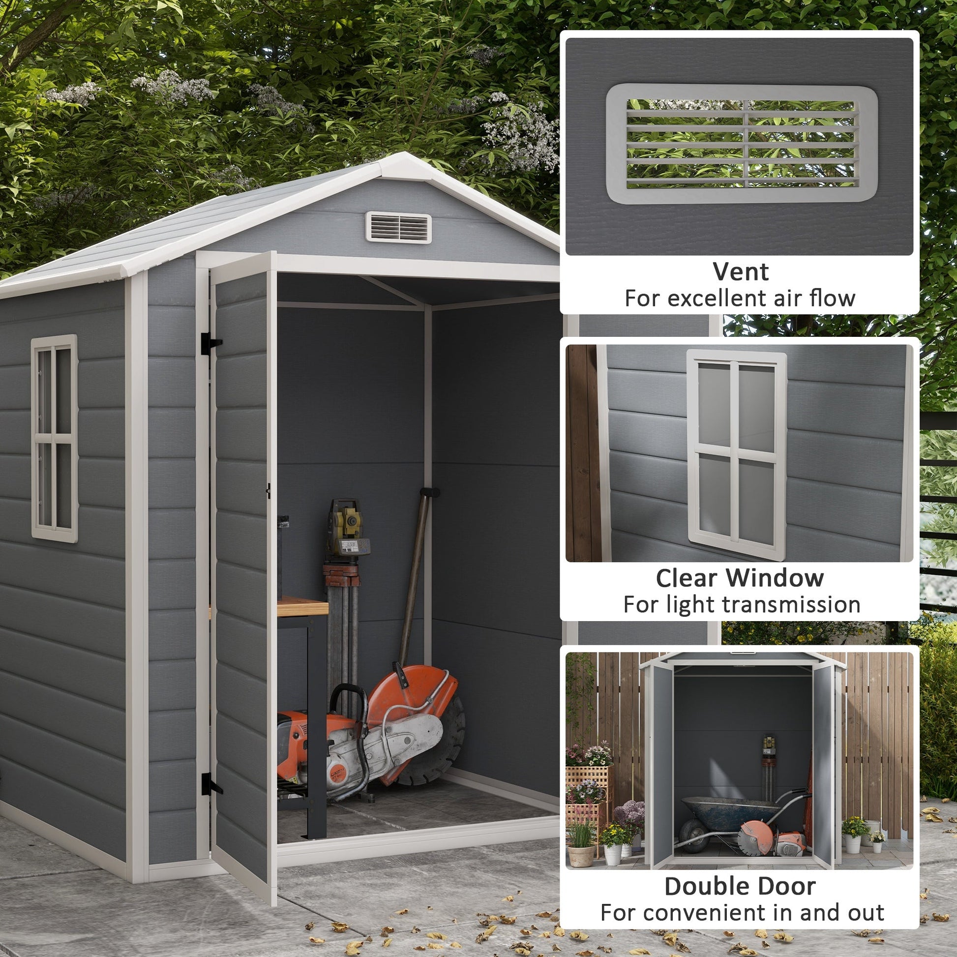 6' x 4.5' Outdoor Storage Shed, Lockable Plastic Garden Tool Storage House Organizer with Double Doors and Vents for Backyard, Patio, Lawn, Grey
