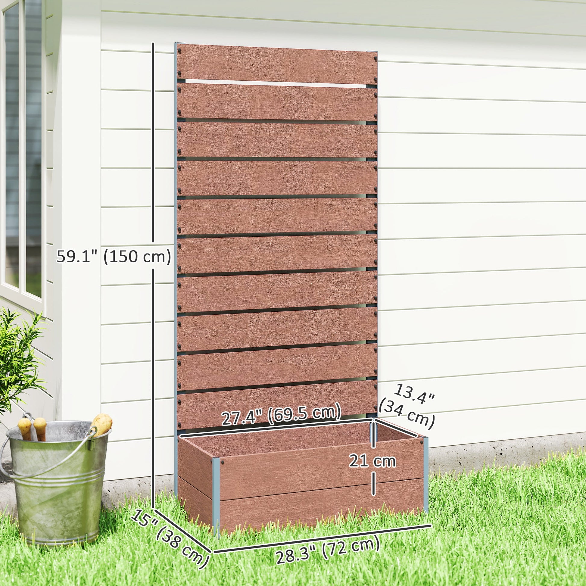 Raised Garden Bed with Trellis for Climbing Plants, 28" x 15" x 59" Planter Box with Self Draining Gap, Freestanding Trellis Planter for Outdoor, Patio, Light Brown