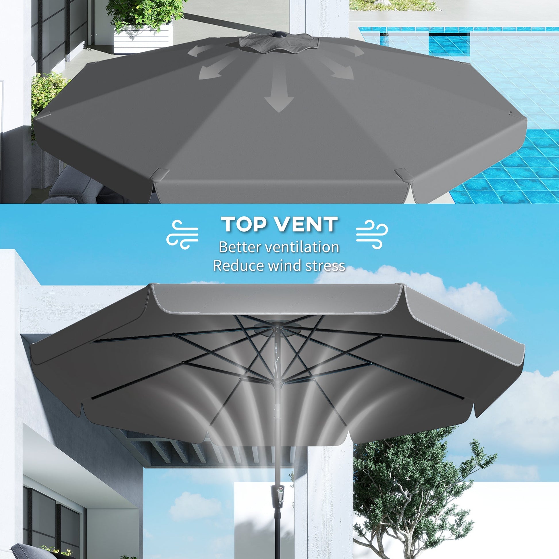 10 ft Patio Umbrella with Push Button Tilt and Crank, Outdoor Market Table Umbrella Parasol with Vent, 8 Ribs for Garden, Deck, Pool, Dark Grey