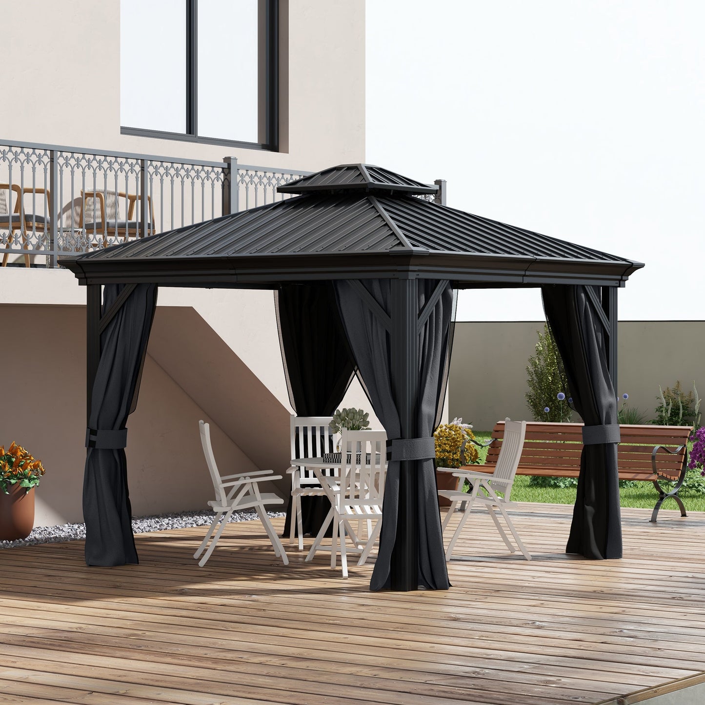 10' x 12' Hardtop Gazebo Canopy with Galvanized Steel Roof, Aluminum Frame, Permanent Gazebo with Netting and Curtains for Patio, Garden, Backyard, Deck, Lawn, Dark Grey