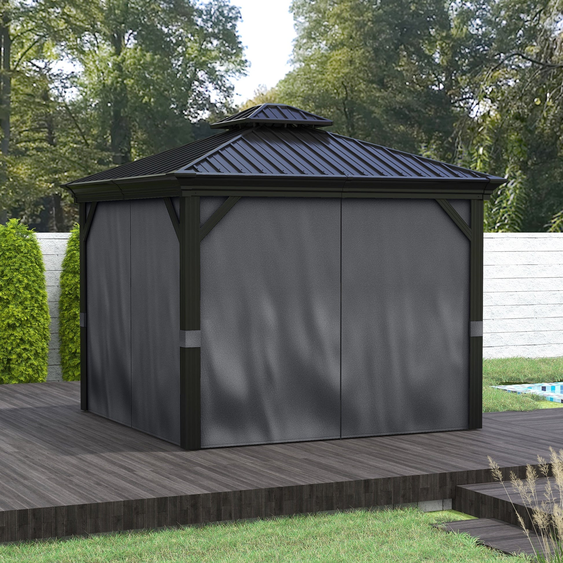 10' x 12' Hardtop Gazebo Canopy with Galvanized Steel Roof, Aluminum Frame, Permanent Gazebo with Netting and Curtains for Patio, Garden, Backyard, Deck, Lawn, Dark Grey