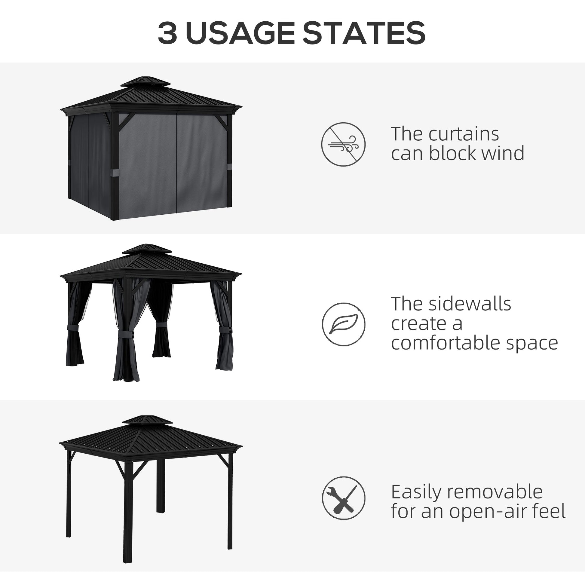 10' x 12' Hardtop Gazebo Canopy with Galvanized Steel Roof, Aluminum Frame, Permanent Gazebo with Netting and Curtains for Patio, Garden, Backyard, Deck, Lawn, Dark Grey