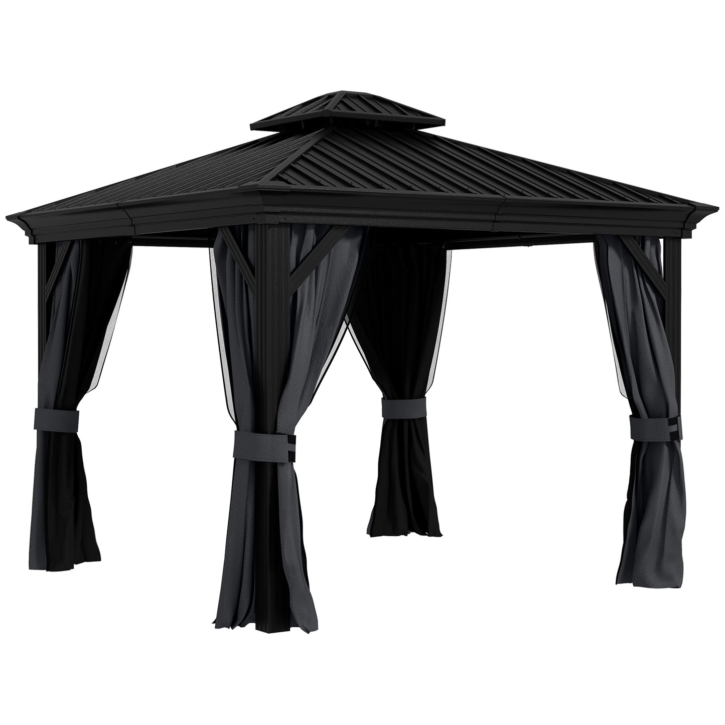 10' x 12' Hardtop Gazebo Canopy with Galvanized Steel Roof, Aluminum Frame, Permanent Gazebo with Netting and Curtains for Patio, Garden, Backyard, Deck, Lawn, Dark Grey