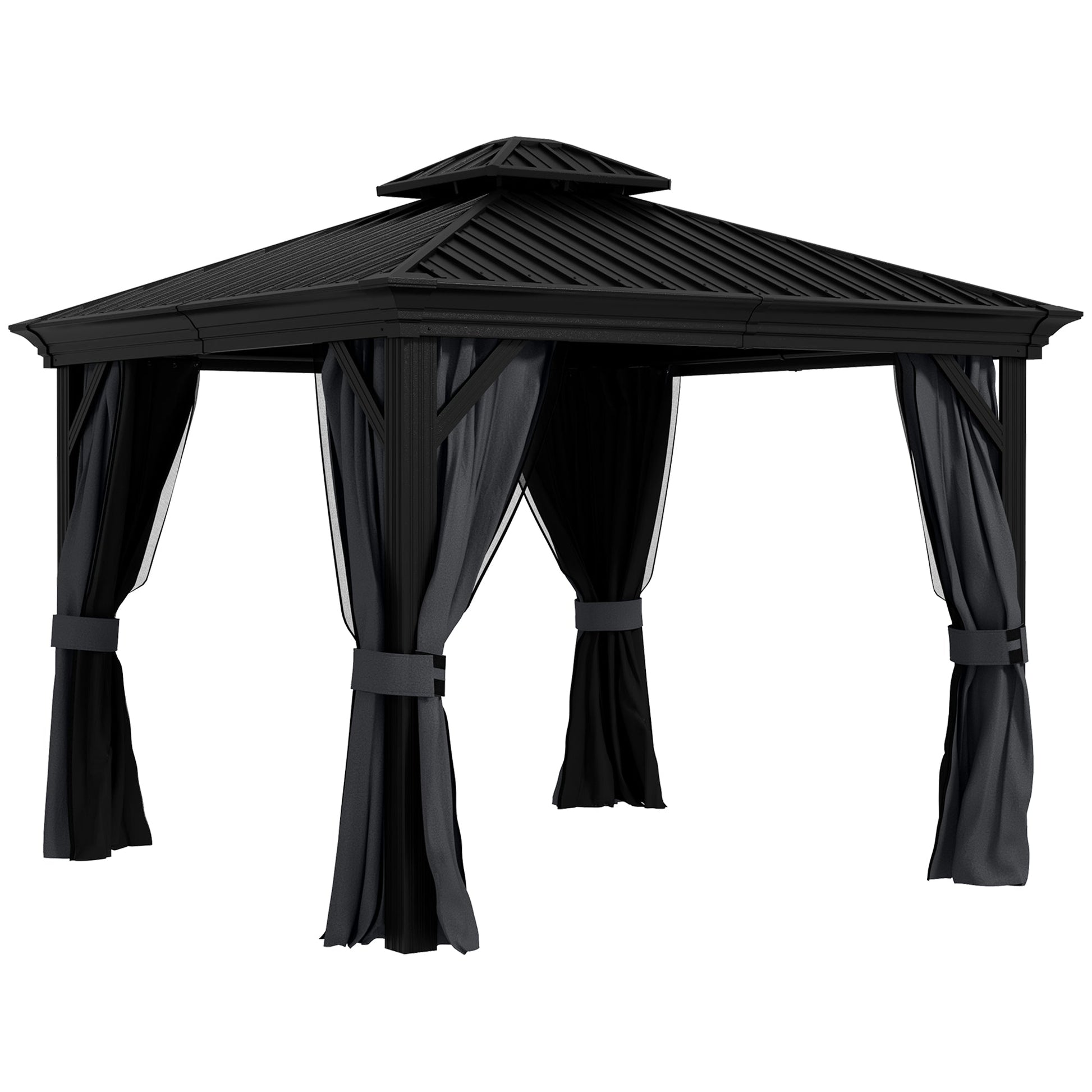 10' x 12' Hardtop Gazebo Canopy with Galvanized Steel Roof, Aluminum Frame, Permanent Gazebo with Netting and Curtains for Patio, Garden, Backyard, Deck, Lawn, Dark Grey