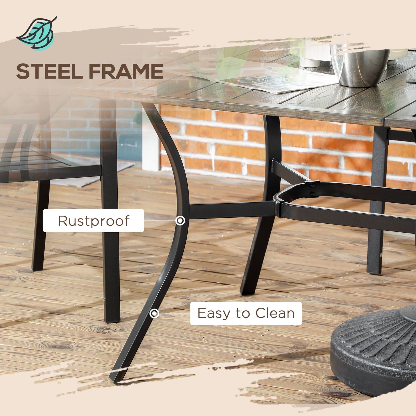 59 Inch Outdoor Dining Table for Six, Patio Table with Parasol Hole, Wood Grain Tabletop, Steel Frame, for Backyard, Garden, Balcony, Deck, Brown