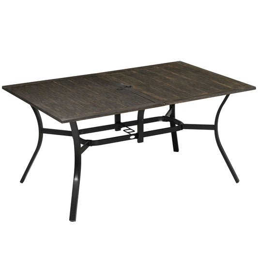 59 Inch Outdoor Dining Table for Six, Patio Table with Parasol Hole, Wood Grain Tabletop, Steel Frame, for Backyard, Garden, Balcony, Deck, Brown