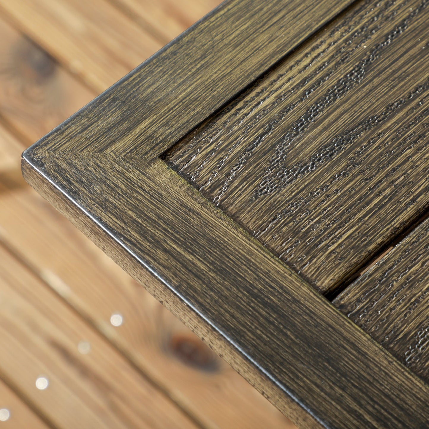59 Inch Outdoor Dining Table for Six, Patio Table with Parasol Hole, Wood Grain Tabletop, Steel Frame, for Backyard, Garden, Balcony, Deck, Brown