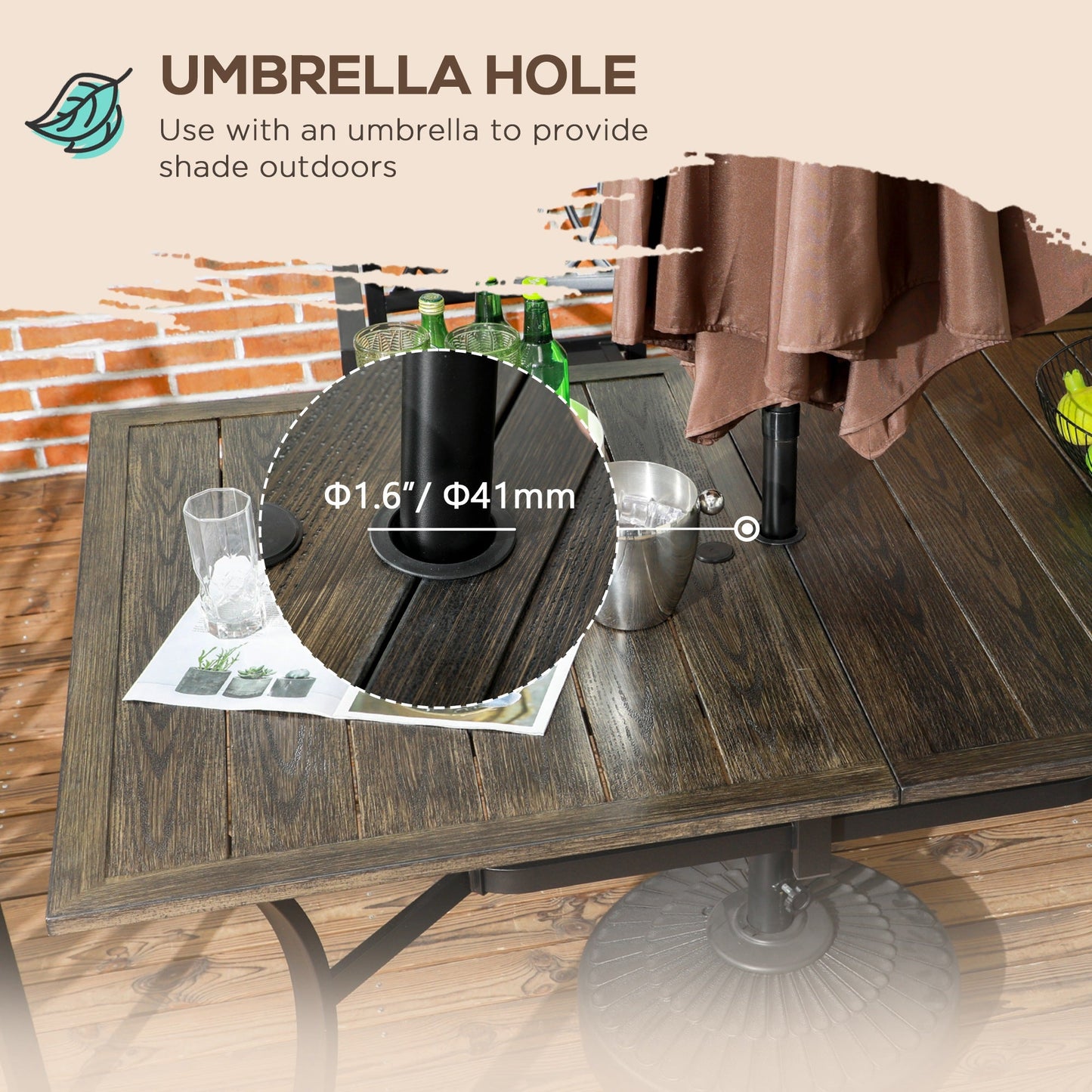 59 Inch Outdoor Dining Table for Six, Patio Table with Parasol Hole, Wood Grain Tabletop, Steel Frame, for Backyard, Garden, Balcony, Deck, Brown
