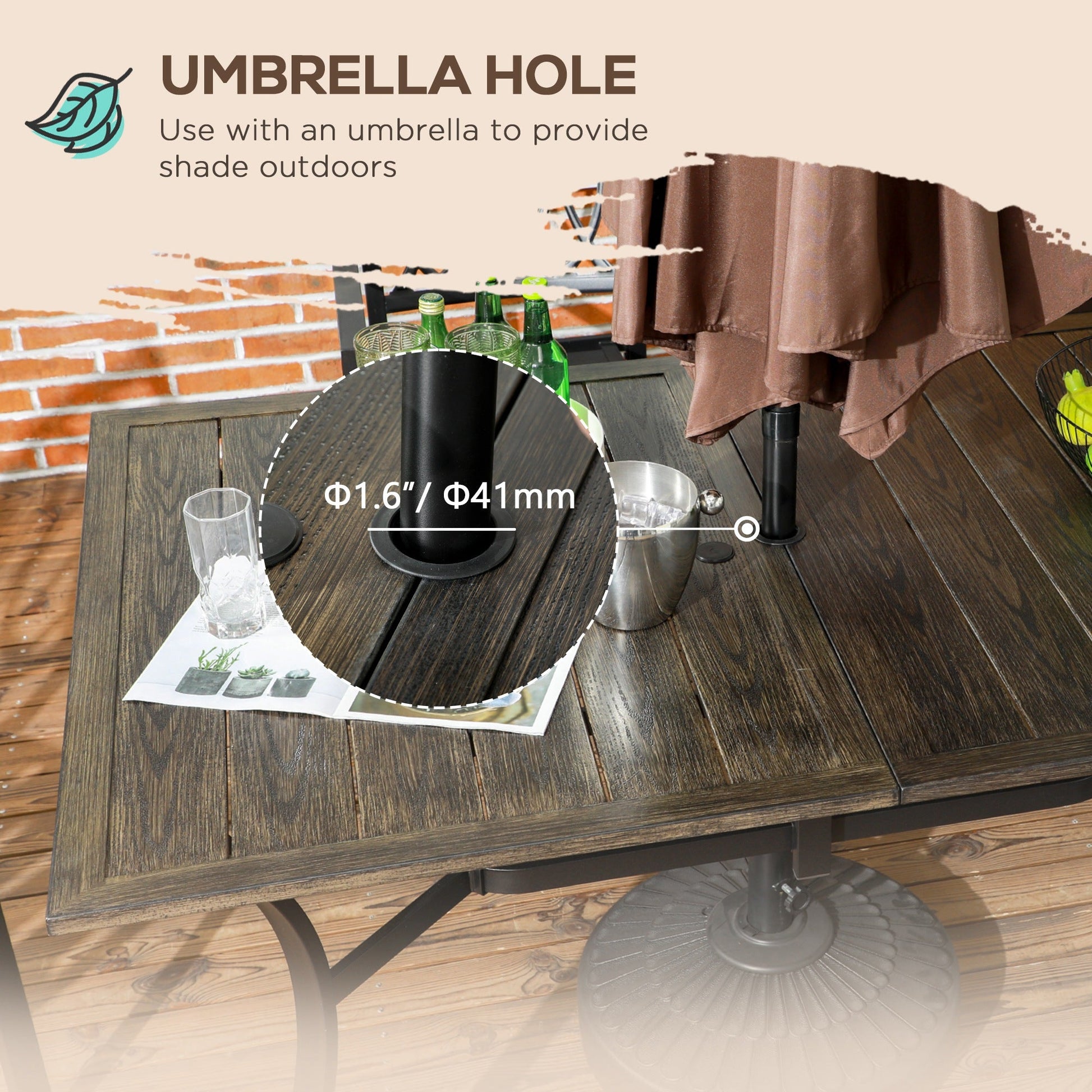 59 Inch Outdoor Dining Table for Six, Patio Table with Parasol Hole, Wood Grain Tabletop, Steel Frame, for Backyard, Garden, Balcony, Deck, Brown