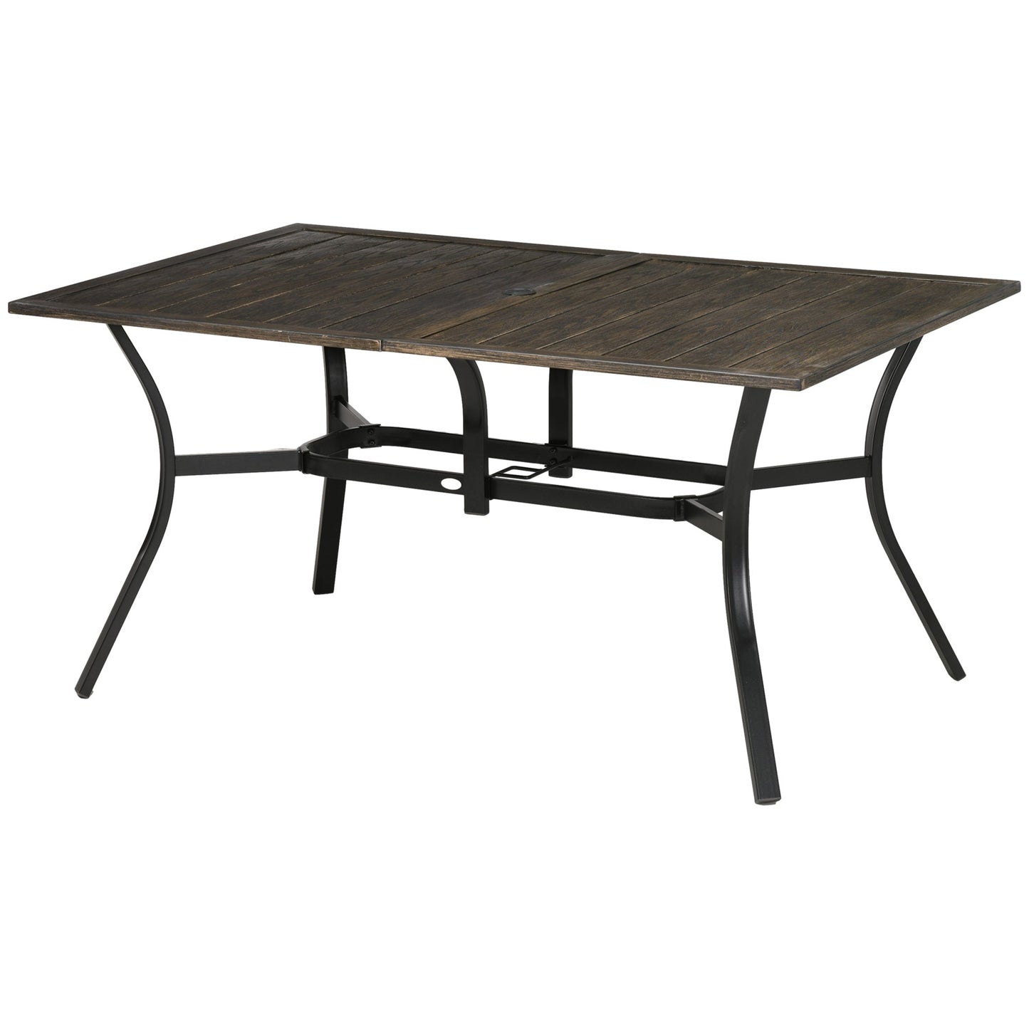 59 Inch Outdoor Dining Table for Six, Patio Table with Parasol Hole, Wood Grain Tabletop, Steel Frame, for Backyard, Garden, Balcony, Deck, Brown