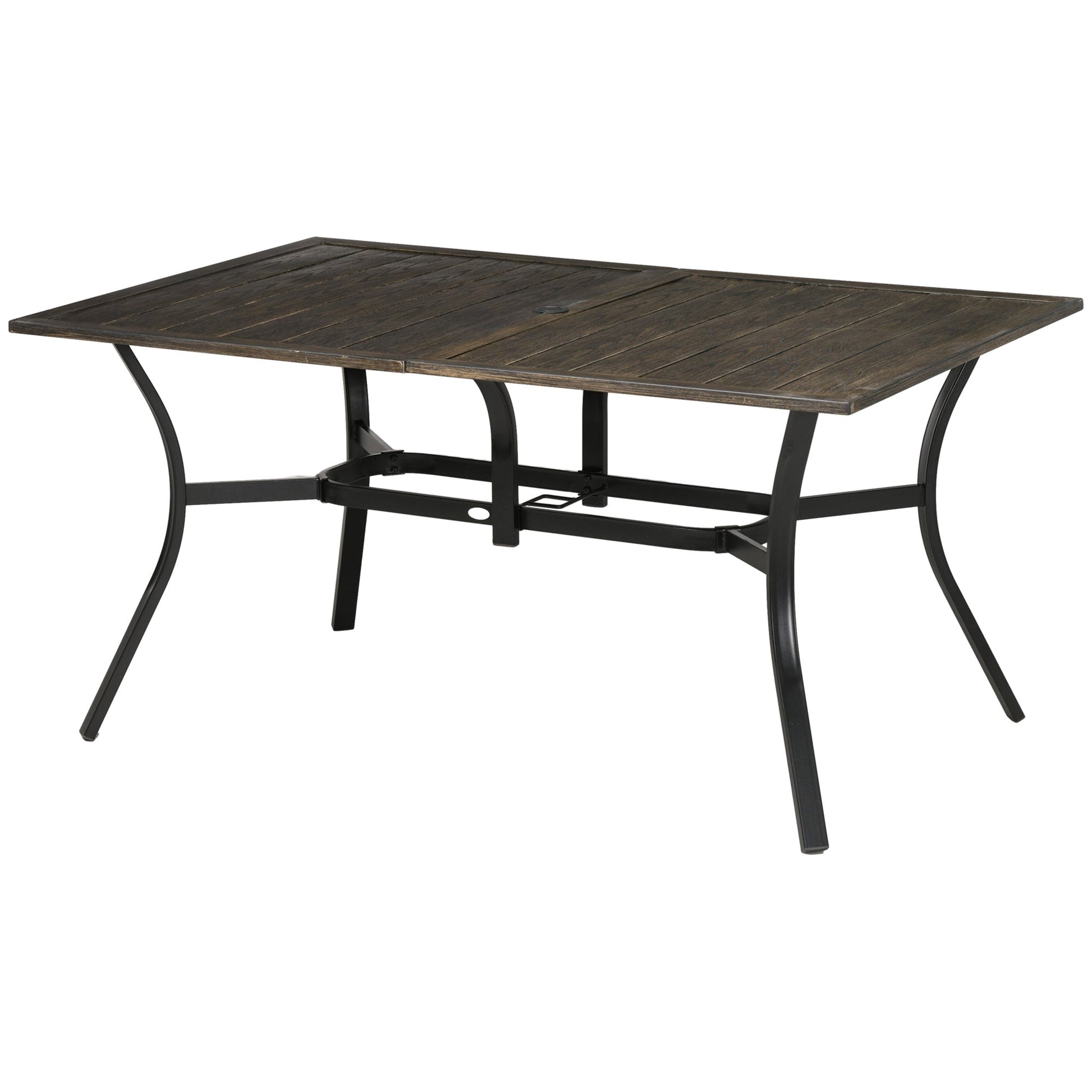 59 Inch Outdoor Dining Table for Six, Patio Table with Parasol Hole, Wood Grain Tabletop, Steel Frame, for Backyard, Garden, Balcony, Deck, Brown
