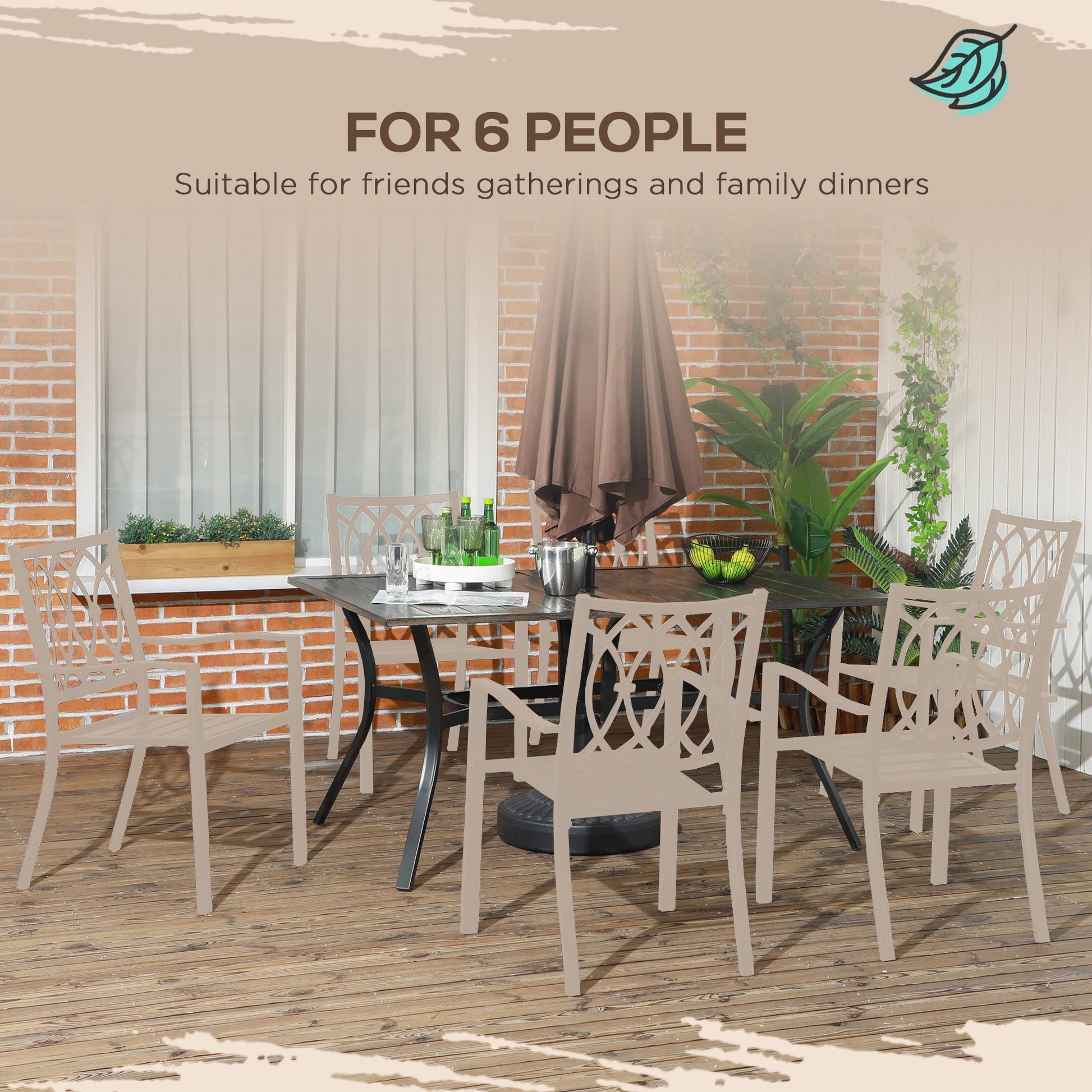 59 Inch Outdoor Dining Table for Six, Patio Table with Parasol Hole, Wood Grain Tabletop, Steel Frame, for Backyard, Garden, Balcony, Deck, Brown