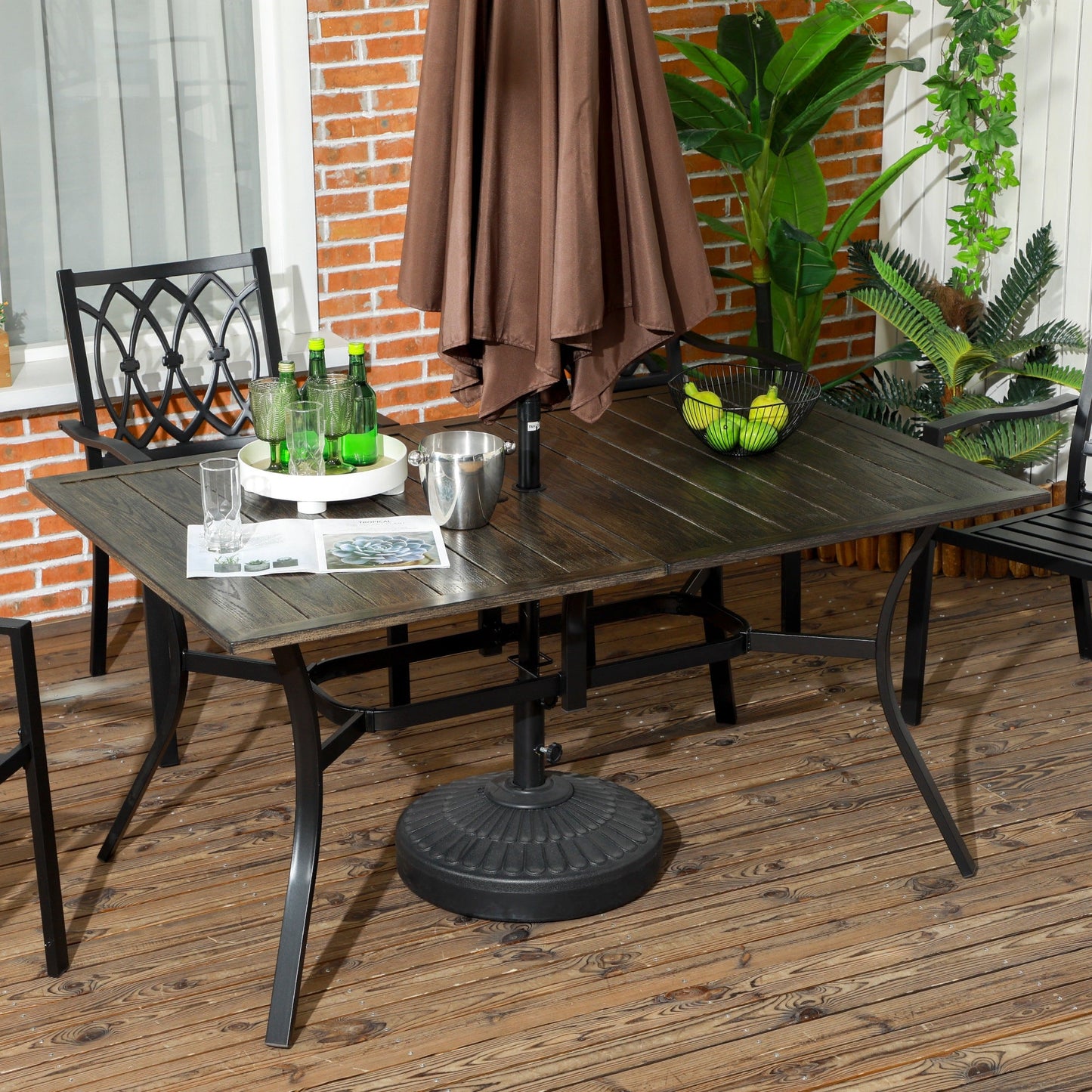 59 Inch Outdoor Dining Table for Six, Patio Table with Parasol Hole, Wood Grain Tabletop, Steel Frame, for Backyard, Garden, Balcony, Deck, Brown