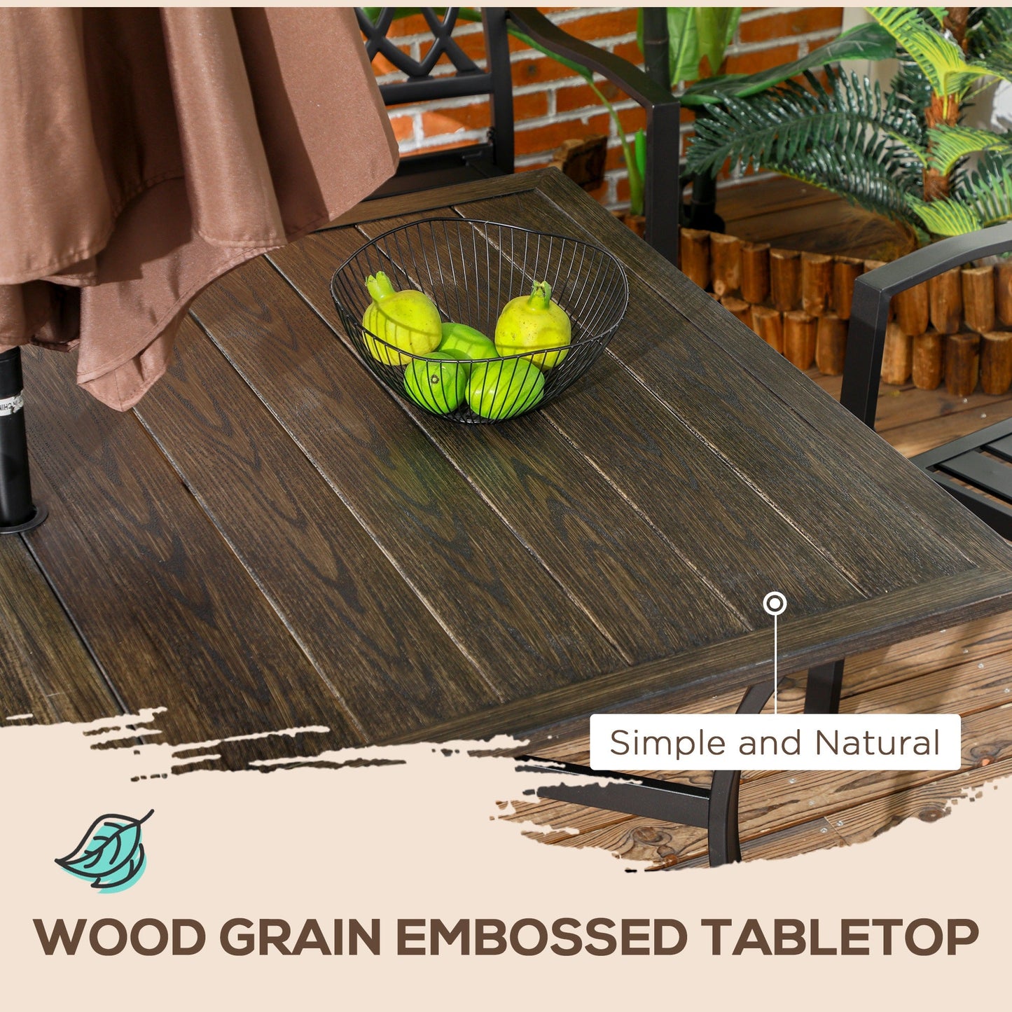 59 Inch Outdoor Dining Table for Six, Patio Table with Parasol Hole, Wood Grain Tabletop, Steel Frame, for Backyard, Garden, Balcony, Deck, Brown