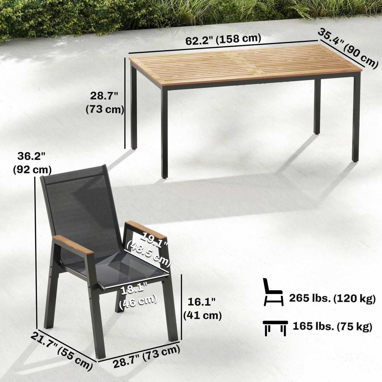 7 Piece Outdoor Dining Set, Rectangle Patio Table and 6 Mesh Chairs with Slatted Tabletop, All Weather Outdoor Dining Furniture Set for Backyard, Deck, Garden, Black