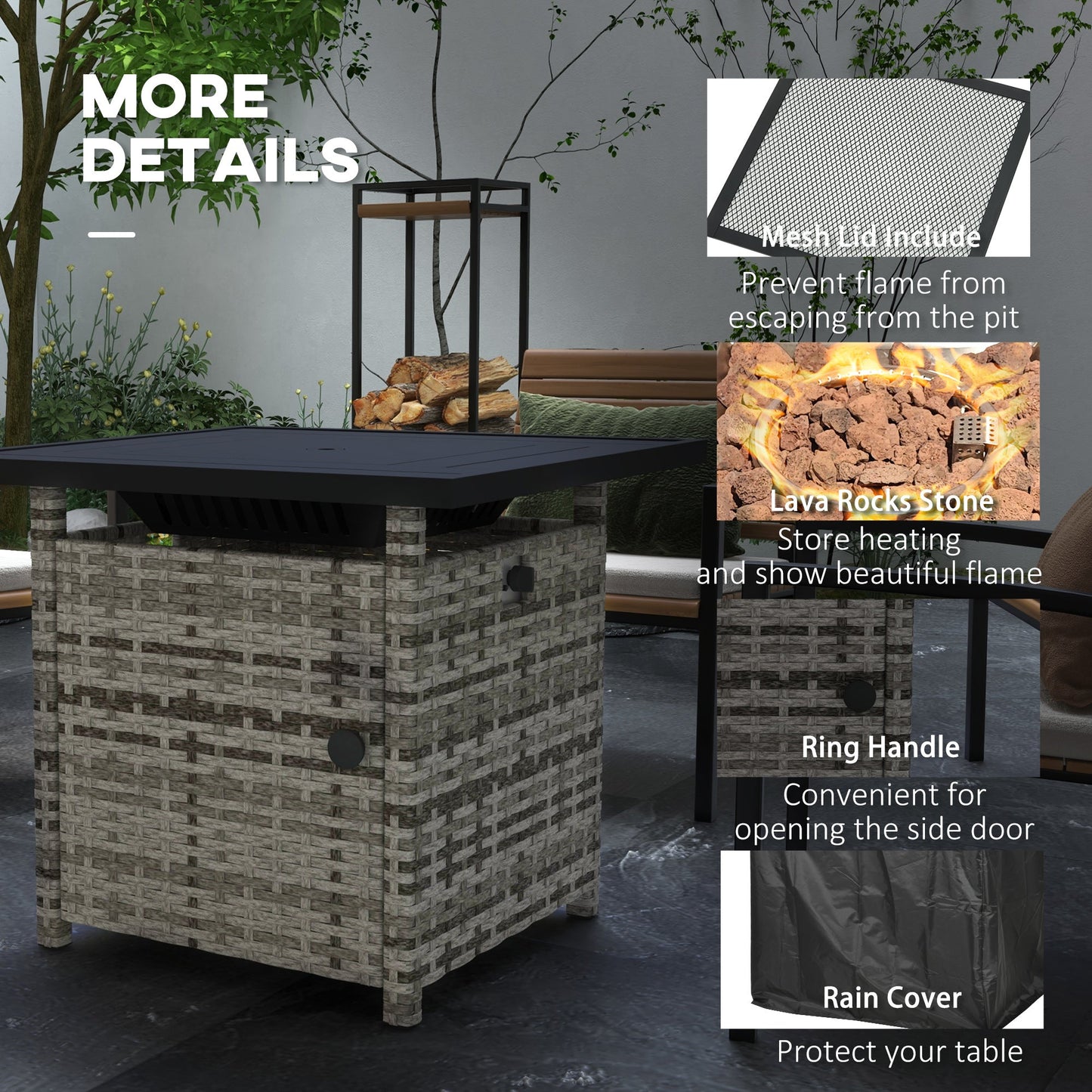 28.5in Outdoor Rattan Propane Fire Pit Table, 50,000 BTU Pulse-Ignition Wicker Fire Table with Glass Wind Guard, Volcanic Rock, Rain Cover, CSA Certification, Mixed Grey