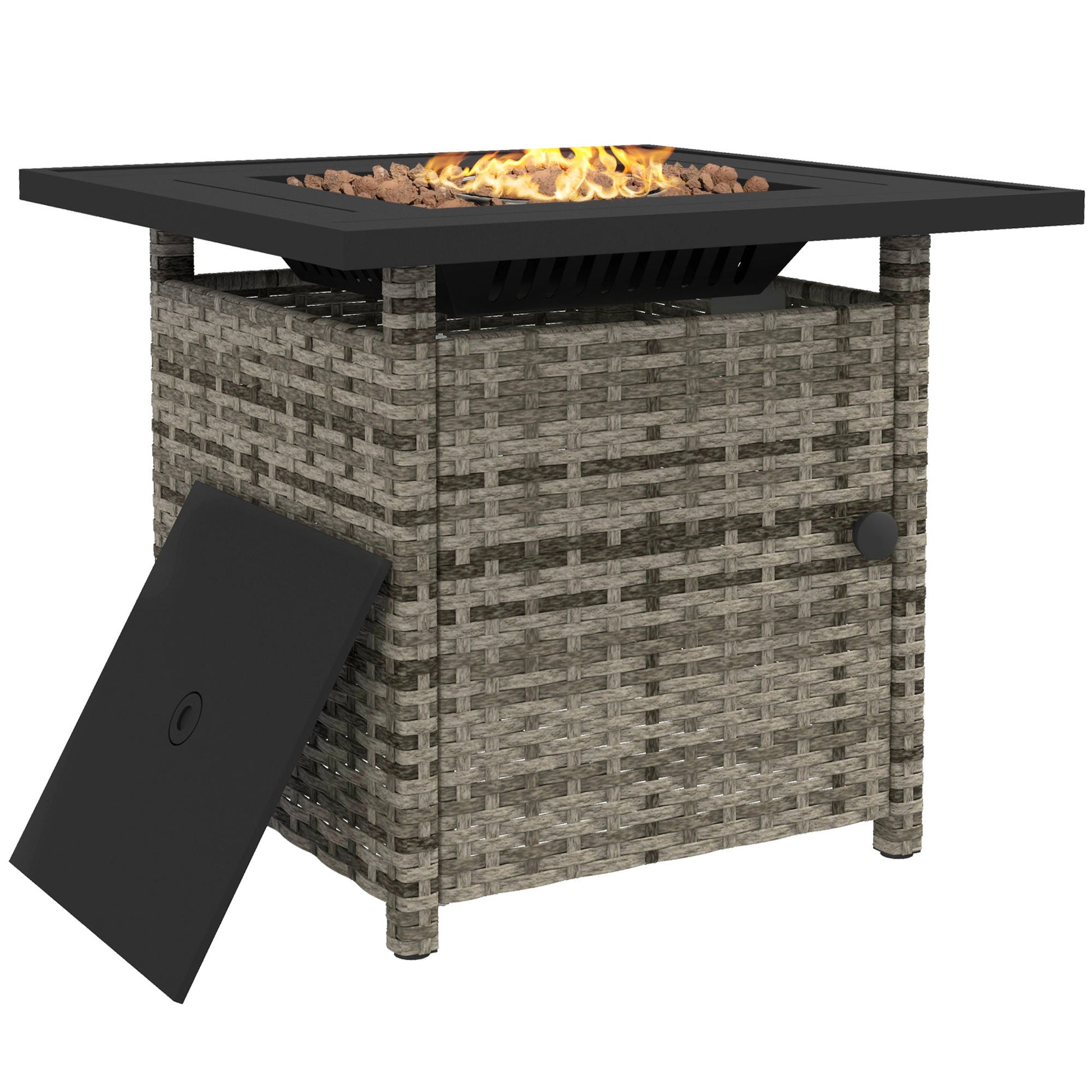 28.5in Outdoor Rattan Propane Fire Pit Table, 50,000 BTU Pulse-Ignition Wicker Fire Table with Glass Wind Guard, Volcanic Rock, Rain Cover, CSA Certification, Mixed Grey
