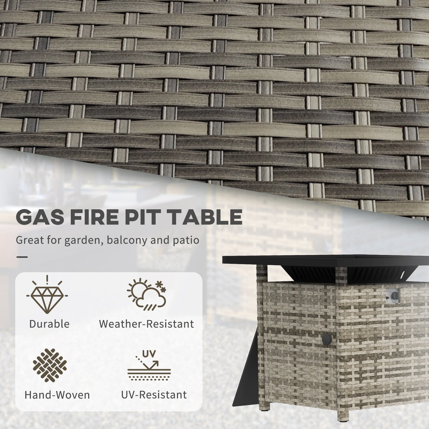 28.5in Outdoor Rattan Propane Fire Pit Table, 50,000 BTU Pulse-Ignition Wicker Fire Table with Glass Wind Guard, Volcanic Rock, Rain Cover, CSA Certification, Mixed Grey