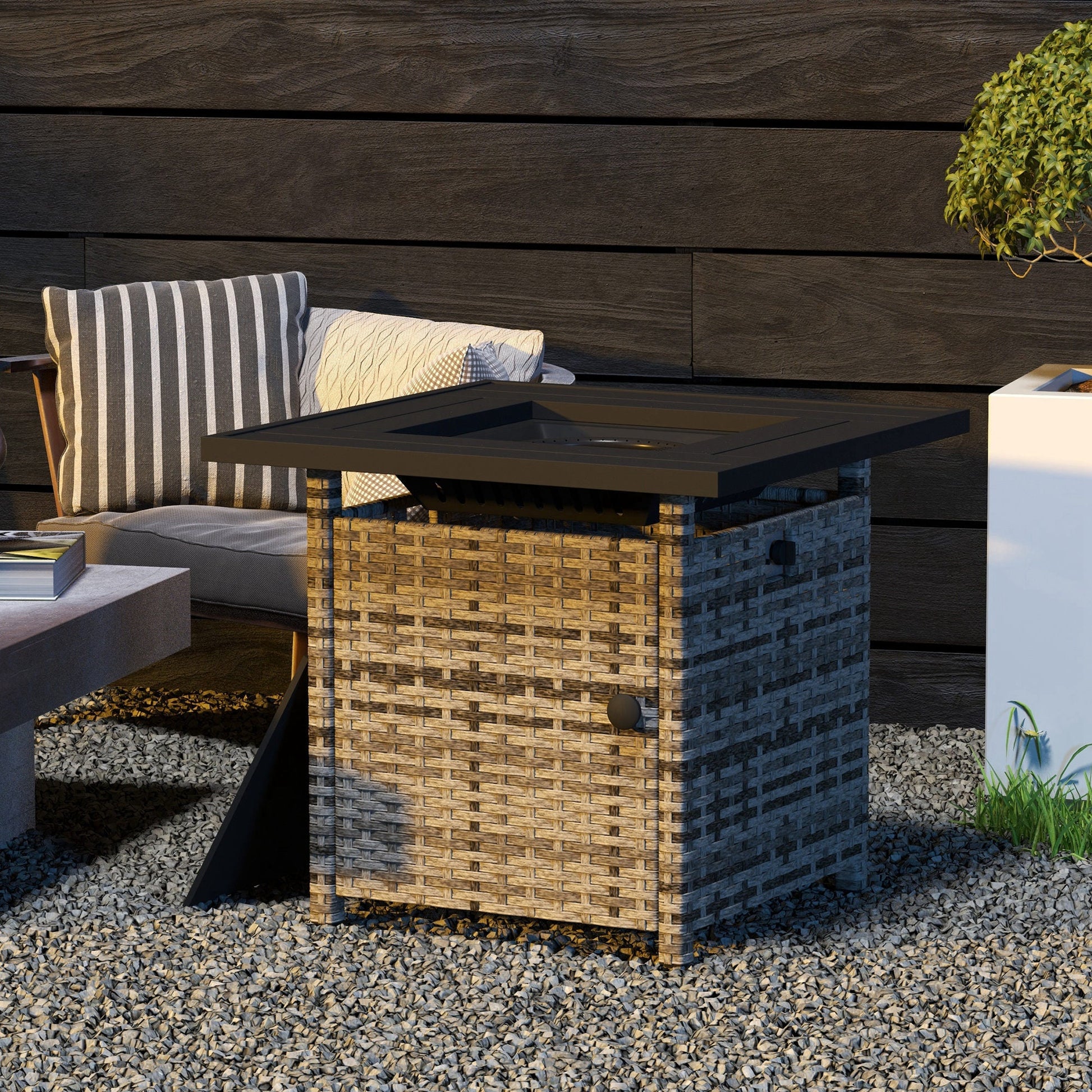 28.5in Outdoor Rattan Propane Fire Pit Table, 50,000 BTU Pulse-Ignition Wicker Fire Table with Glass Wind Guard, Volcanic Rock, Rain Cover, CSA Certification, Mixed Grey