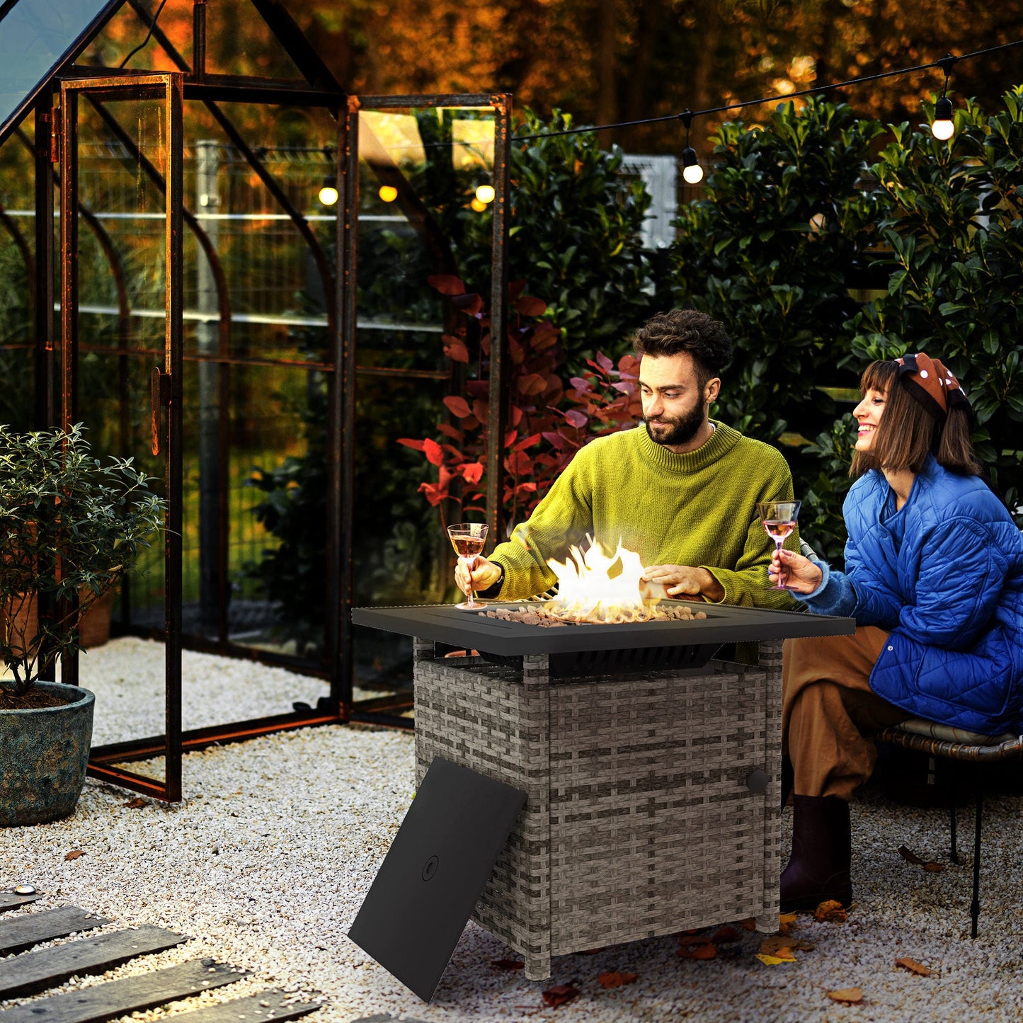 28.5in Outdoor Rattan Propane Fire Pit Table, 50,000 BTU Pulse-Ignition Wicker Fire Table with Glass Wind Guard, Volcanic Rock, Rain Cover, CSA Certification, Mixed Grey
