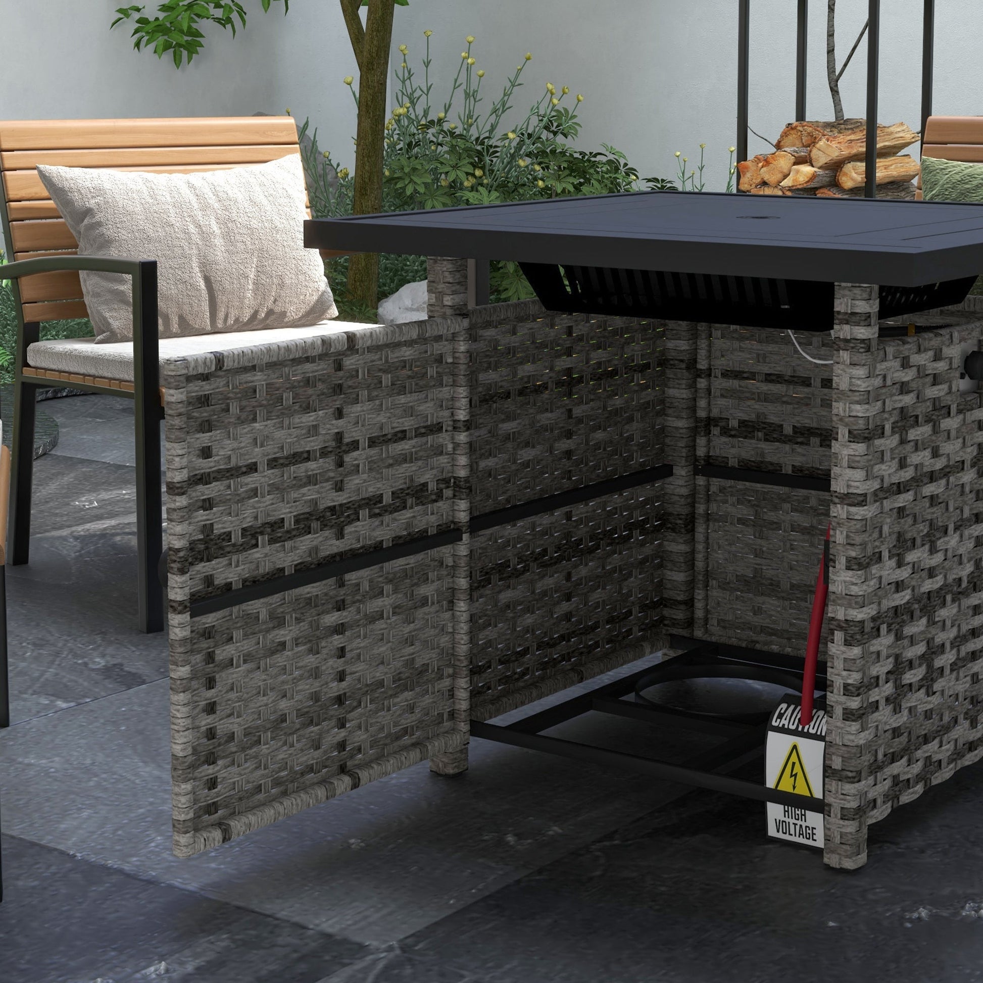 28.5in Outdoor Rattan Propane Fire Pit Table, 50,000 BTU Pulse-Ignition Wicker Fire Table with Glass Wind Guard, Volcanic Rock, Rain Cover, CSA Certification, Mixed Grey
