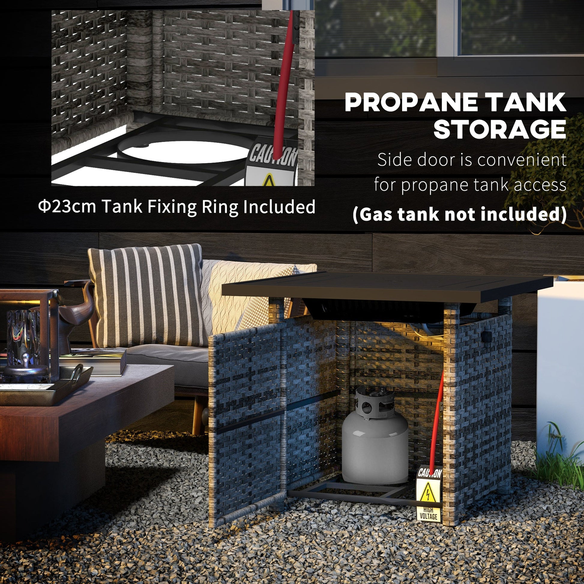 28.5in Outdoor Rattan Propane Fire Pit Table, 50,000 BTU Pulse-Ignition Wicker Fire Table with Glass Wind Guard, Volcanic Rock, Rain Cover, CSA Certification, Mixed Grey