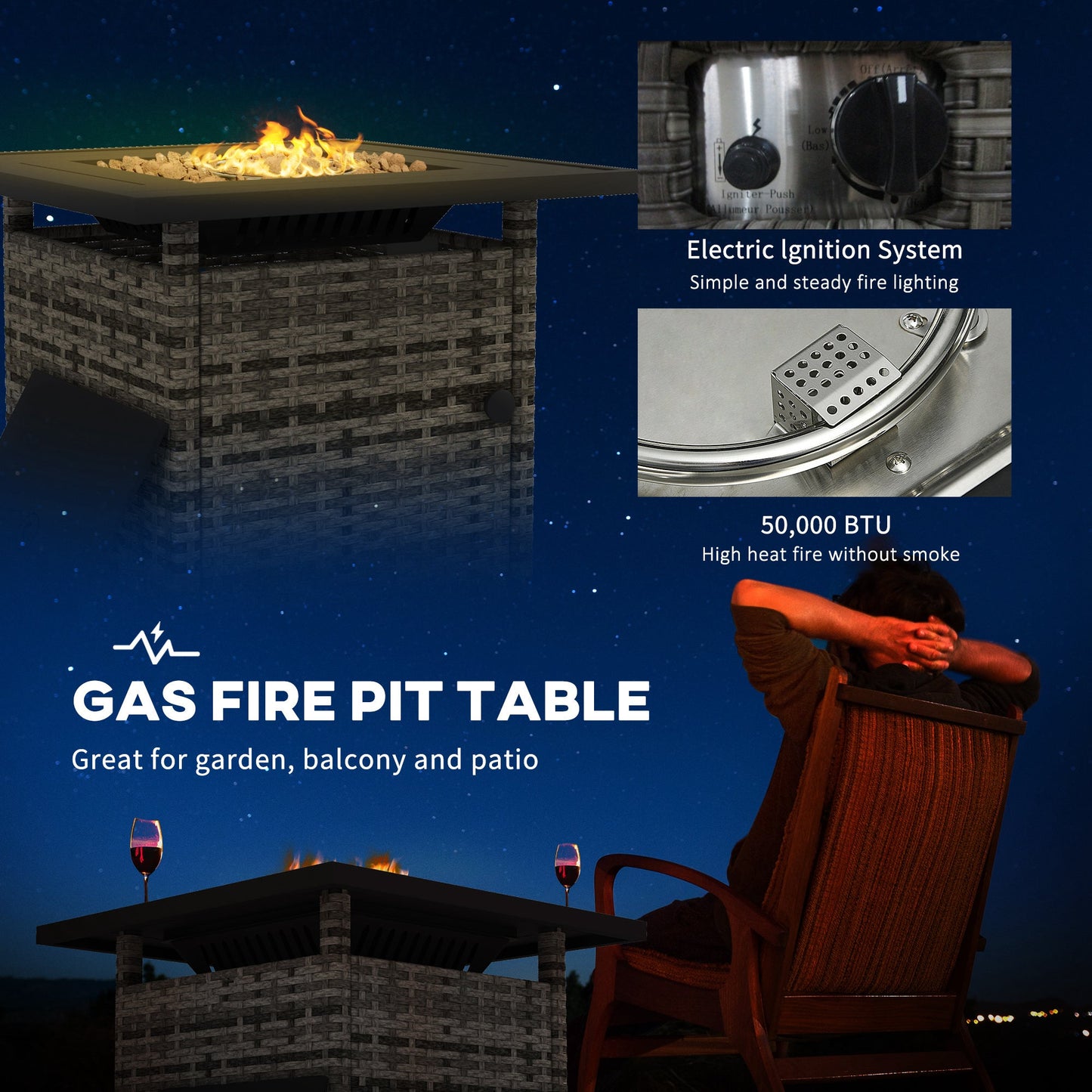 28.5in Outdoor Rattan Propane Fire Pit Table, 50,000 BTU Pulse-Ignition Wicker Fire Table with Glass Wind Guard, Volcanic Rock, Rain Cover, CSA Certification, Mixed Grey