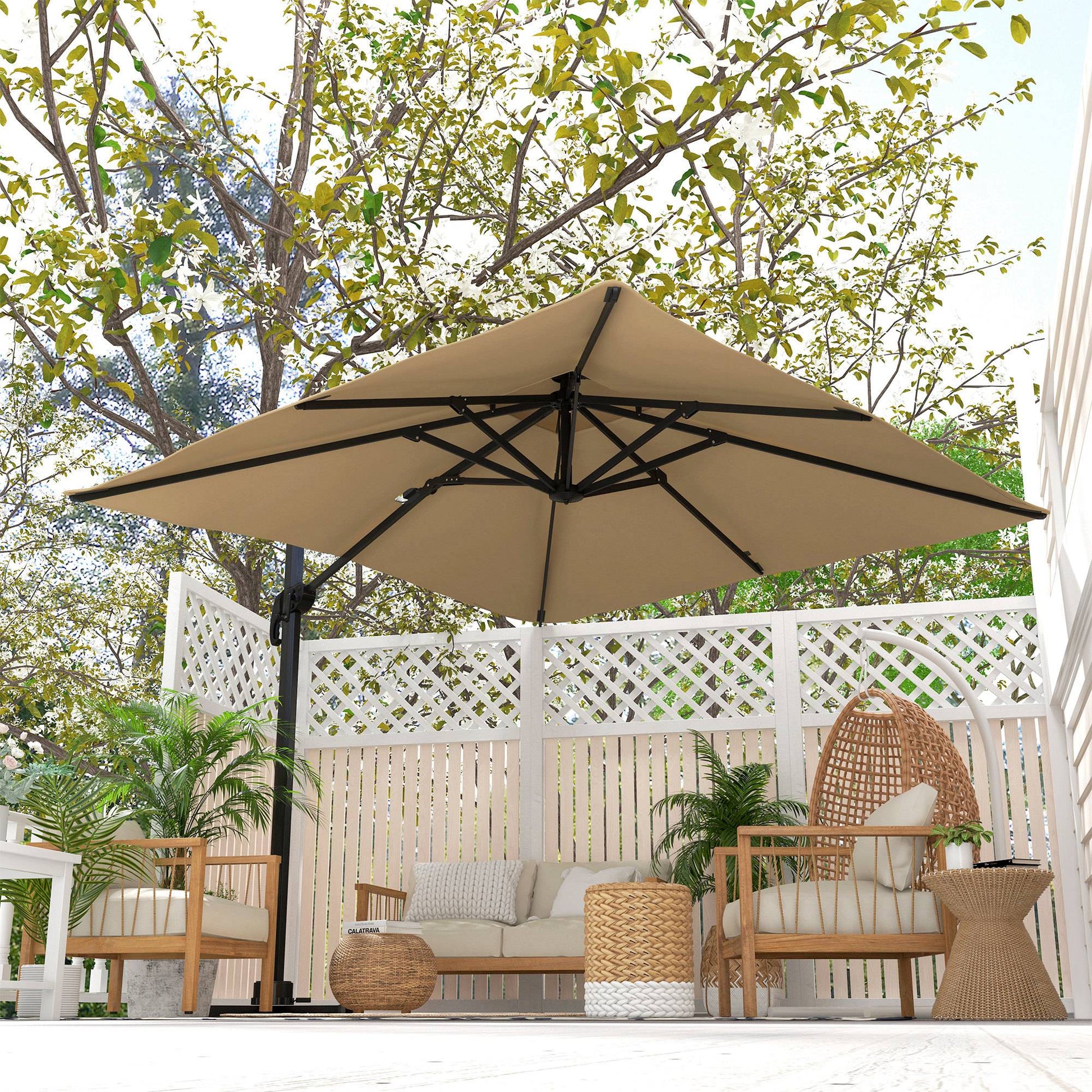 10ft Square Cantilever Patio Umbrella, 360° Rotating Overhanging Umbrella with Cross Base, Crank Handle, Double Canopy, 8 Ribs, 250gsm Polyester, Khaki