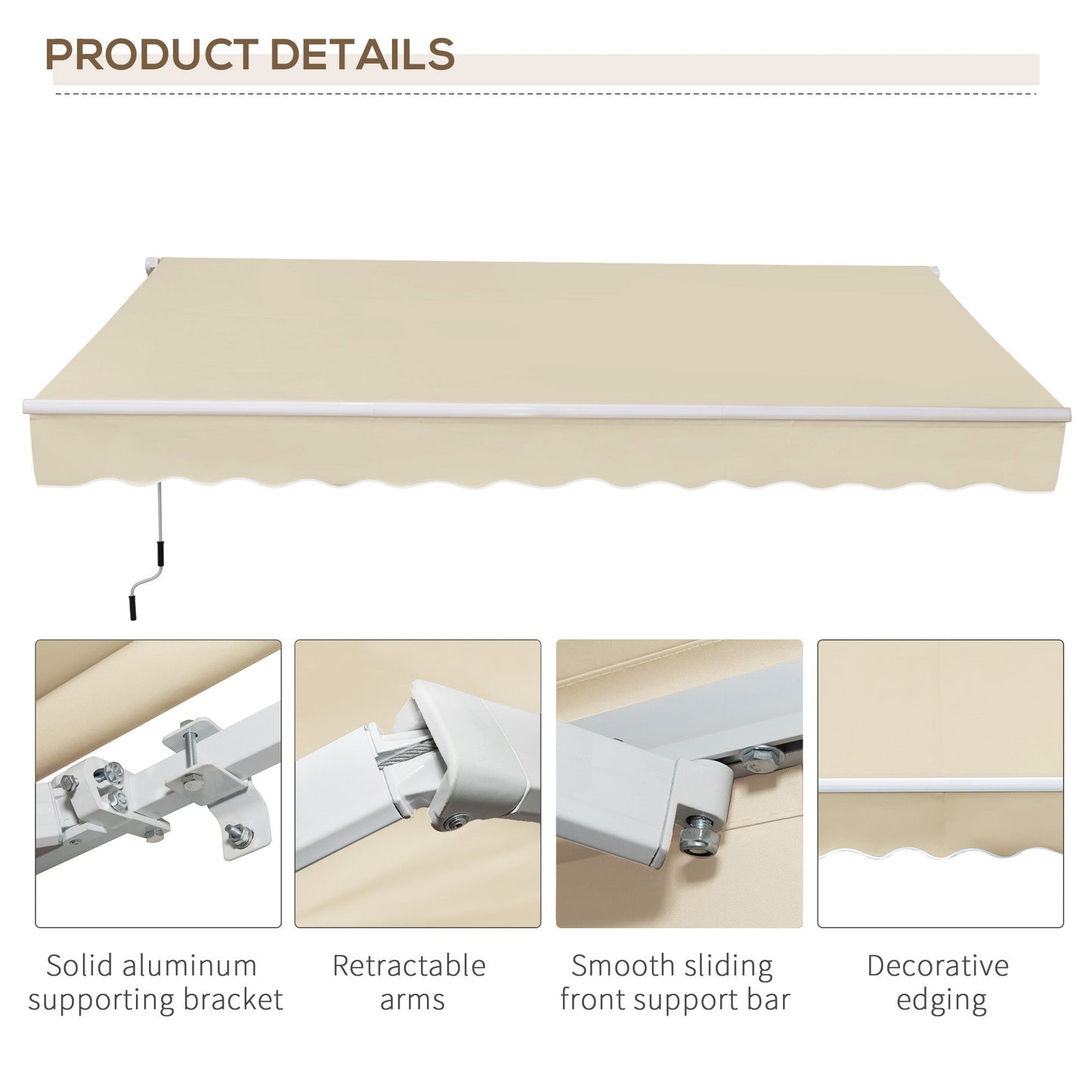 12' x 8' Retractable Awning Patio Awnings Sun Shade Shelter with Manual Crank Handle, UV & Water-Resistant Fabric and Aluminum Frame for Deck Balcony Yard, Cream White