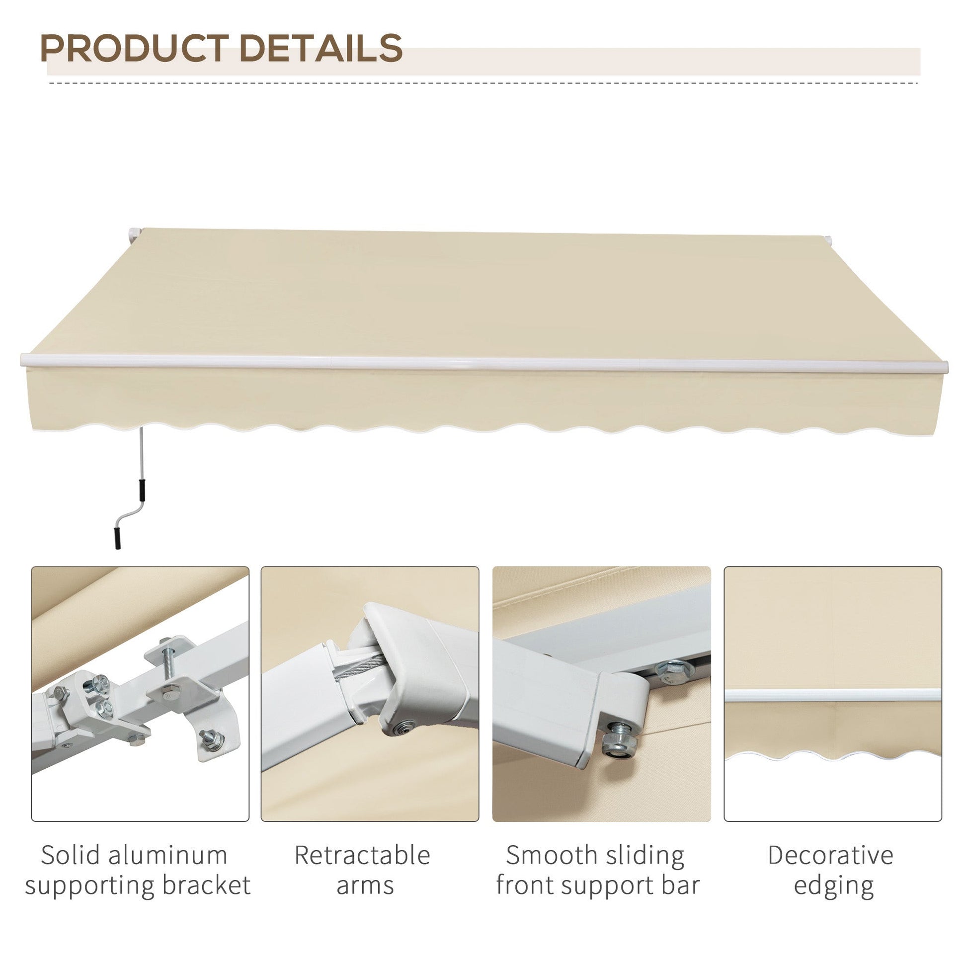 12' x 8' Retractable Awning Patio Awnings Sun Shade Shelter with Manual Crank Handle, UV & Water-Resistant Fabric and Aluminum Frame for Deck Balcony Yard, Cream White