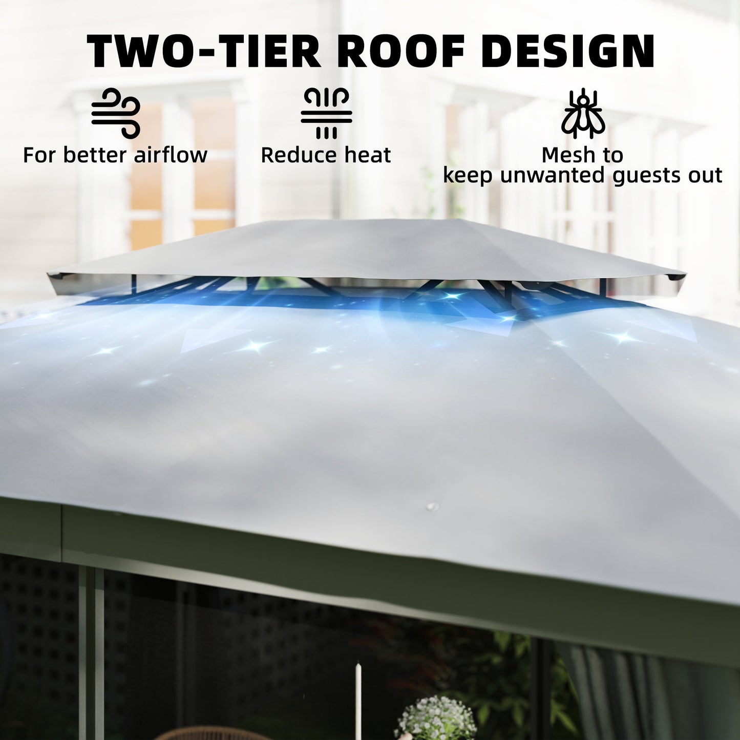 10' x 12.5' Outdoor Gazebo with Curtains and Netting, Double Roof Patio Gazebo Permanent Pavilion Canopy Shelter with Metal Frame, Hooks, UPF30+ Protection, Dark Grey