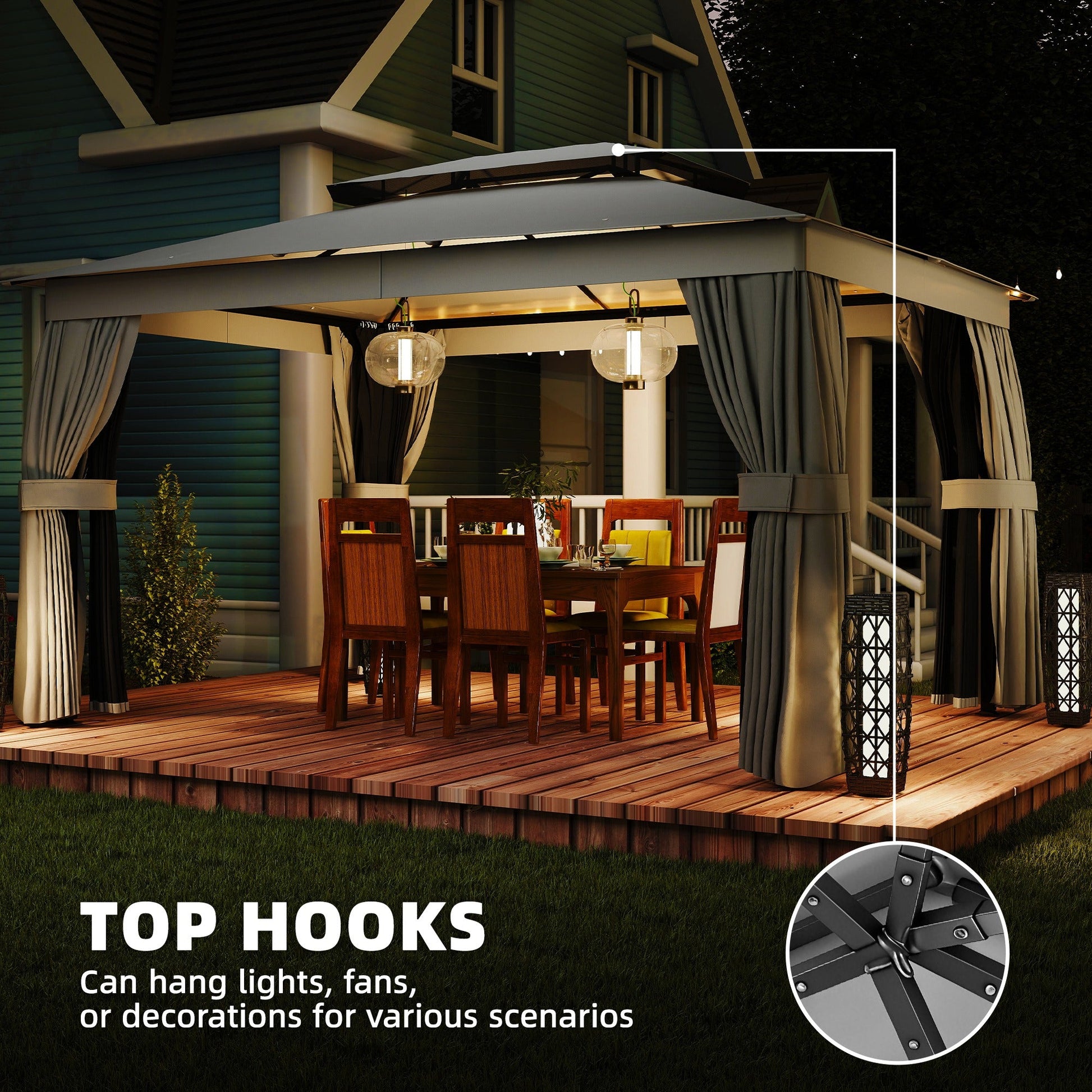 10' x 12.5' Outdoor Gazebo with Curtains and Netting, Double Roof Patio Gazebo Permanent Pavilion Canopy Shelter with Metal Frame, Hooks, UPF30+ Protection, Dark Grey