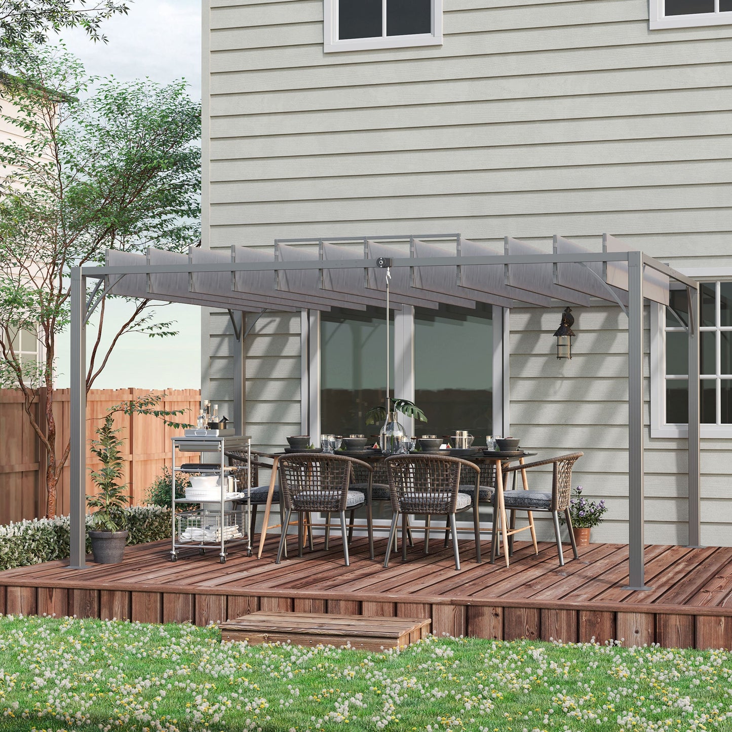 12.8' x 9.7' Outdoor Pergola with Retractable Roof, AluminIum Louvered Pergola Canopy, Patio Shelter with Ground Stakes for Patio, Lawn, Garden, Grey