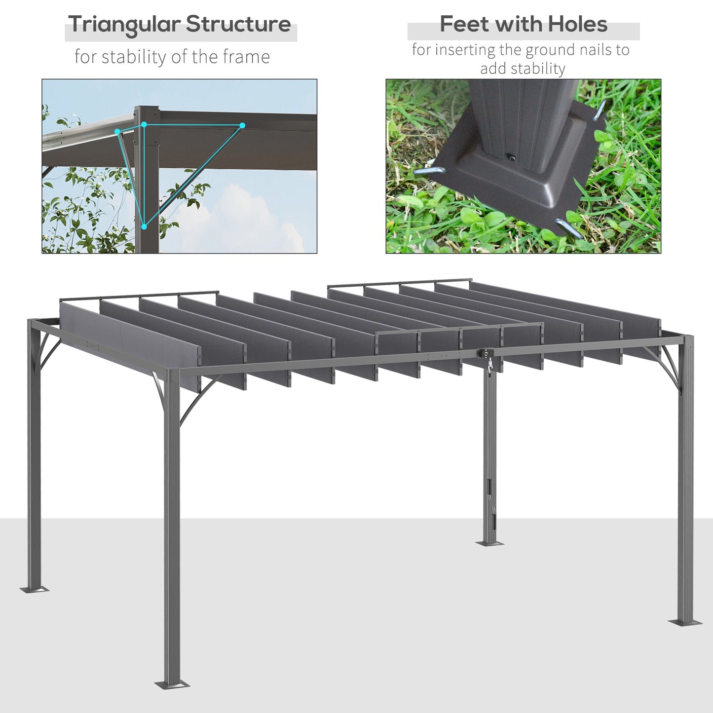 12.8' x 9.7' Outdoor Pergola with Retractable Roof, AluminIum Louvered Pergola Canopy, Patio Shelter with Ground Stakes for Patio, Lawn, Garden, Grey