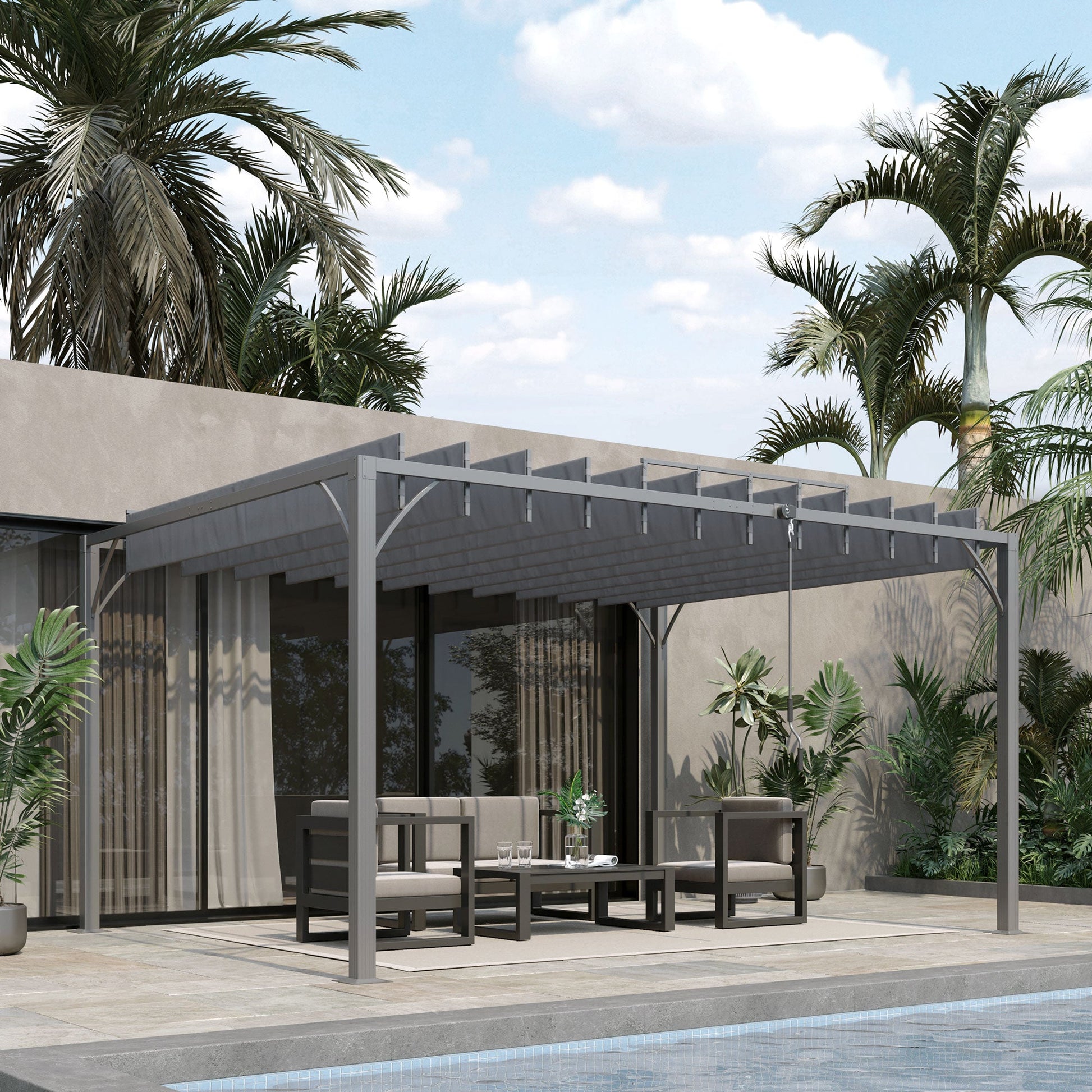 12.8' x 9.7' Outdoor Pergola with Retractable Roof, AluminIum Louvered Pergola Canopy, Patio Shelter with Ground Stakes for Patio, Lawn, Garden, Grey