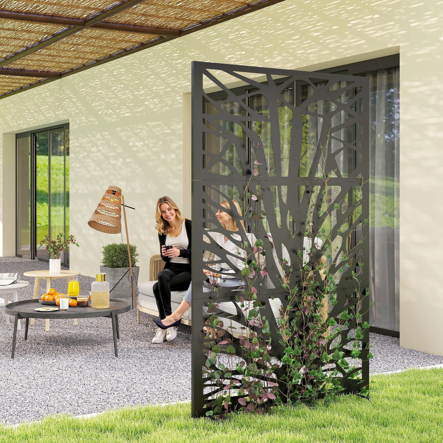 Metal Outdoor Privacy Screen, 72" x 38" Freestanding Outdoor Divider, Wall-Mounted Decorative Panel with Trunk Cut-out Design for Garden Patio Backyard, Black