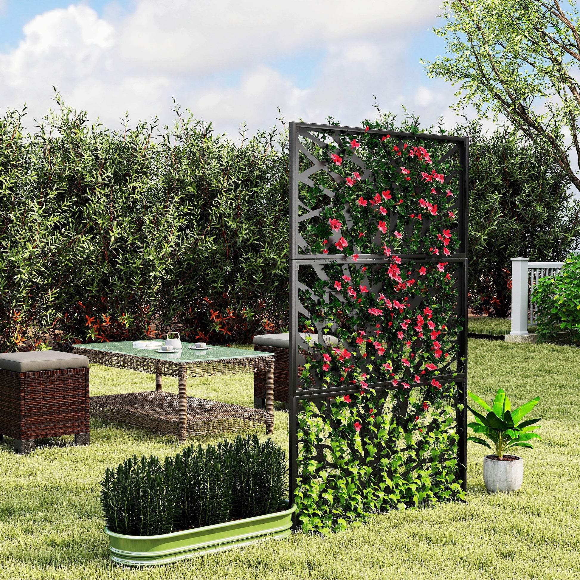 Metal Outdoor Privacy Screen, 72" x 38" Freestanding Outdoor Divider, Wall-Mounted Decorative Panel with Trunk Cut-out Design for Garden Patio Backyard, Black
