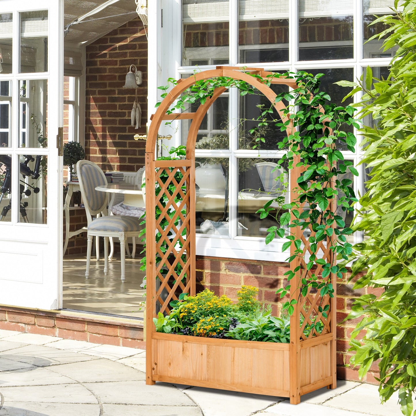 Raised Garden Bed with Arch Trellis, Freestanding Garden Planter Box, Outdoor Planter Container for Vine Climbing Plant Flower Herb, Brown