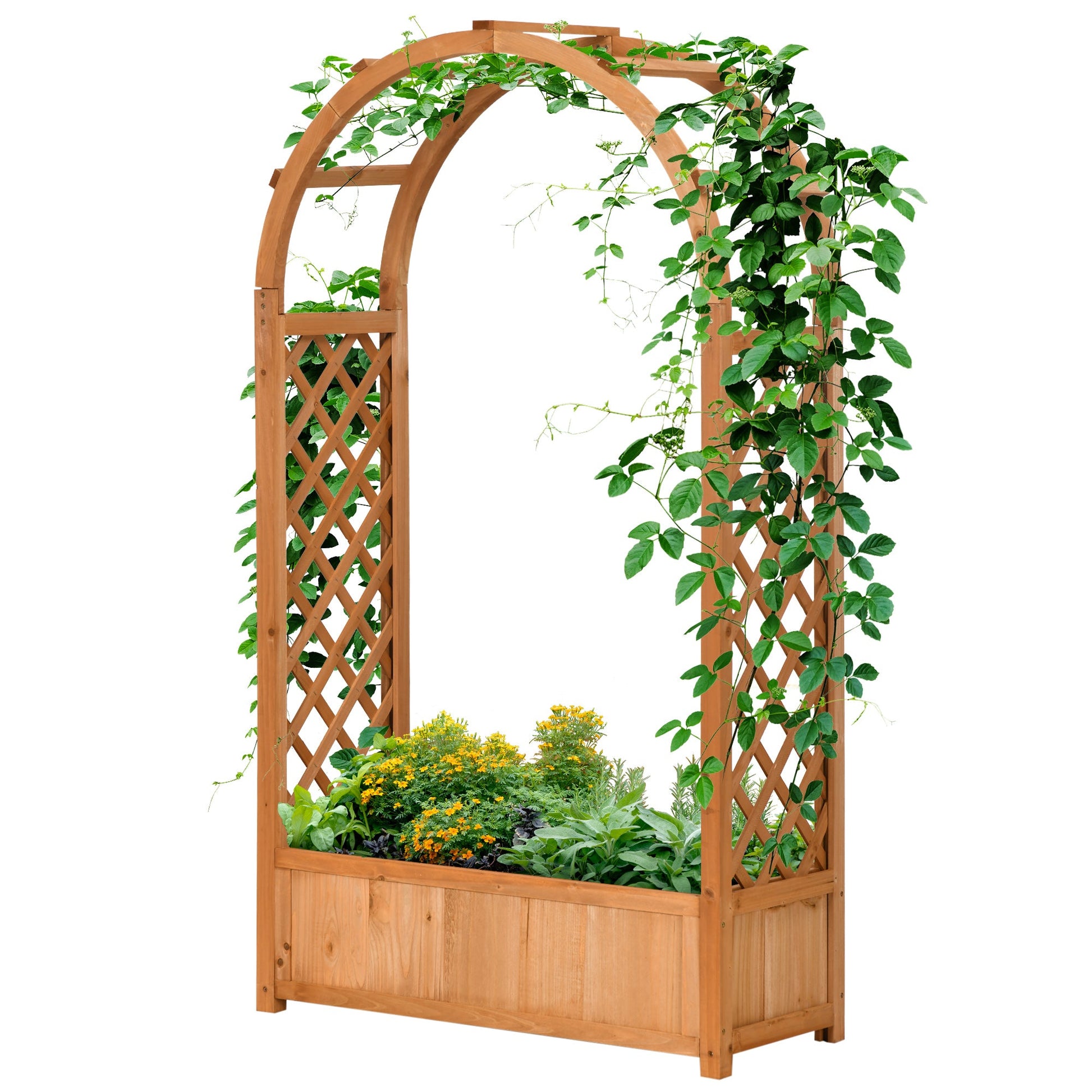 Raised Garden Bed with Arch Trellis, Freestanding Garden Planter Box, Outdoor Planter Container for Vine Climbing Plant Flower Herb, Brown