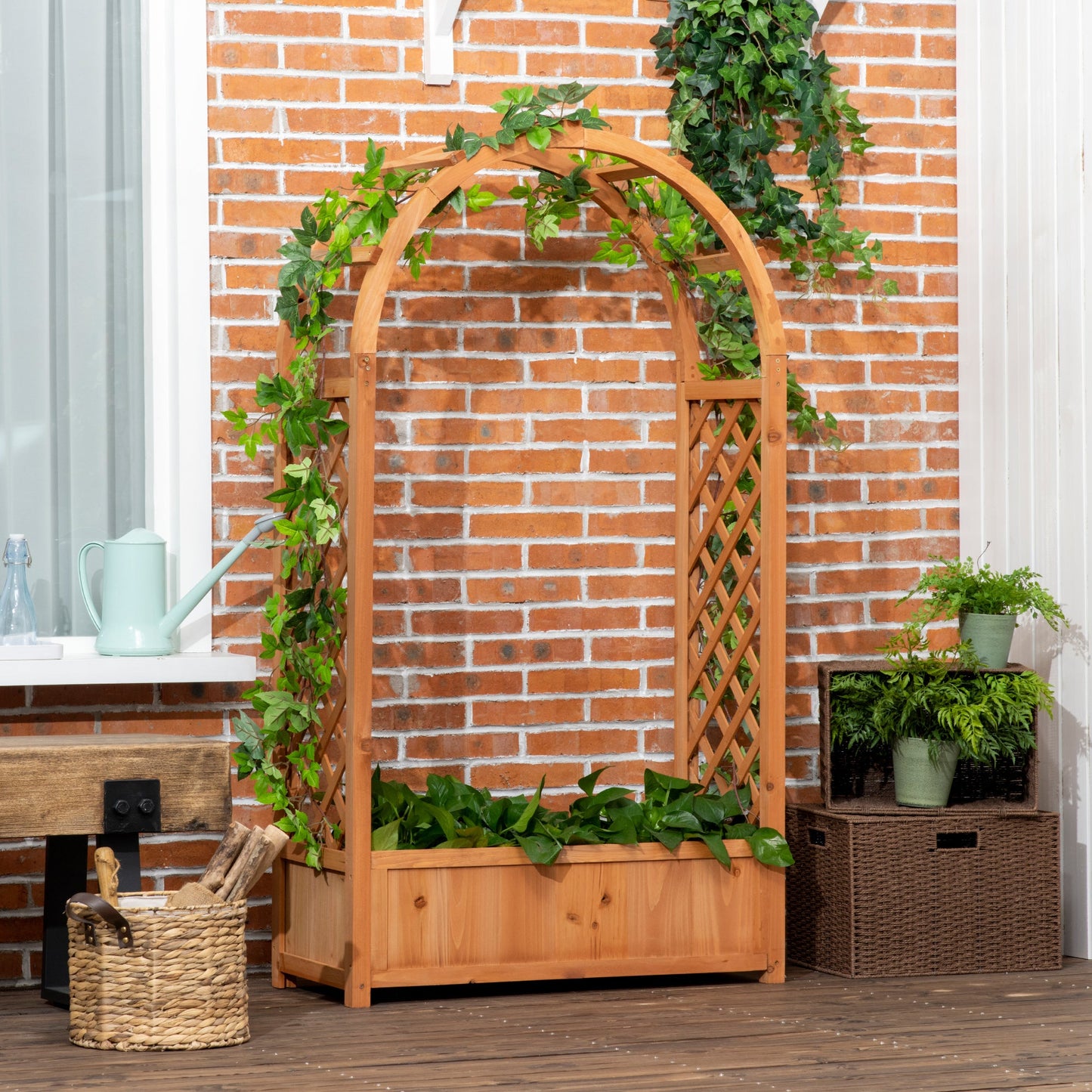 Raised Garden Bed with Arch Trellis, Freestanding Garden Planter Box, Outdoor Planter Container for Vine Climbing Plant Flower Herb, Brown