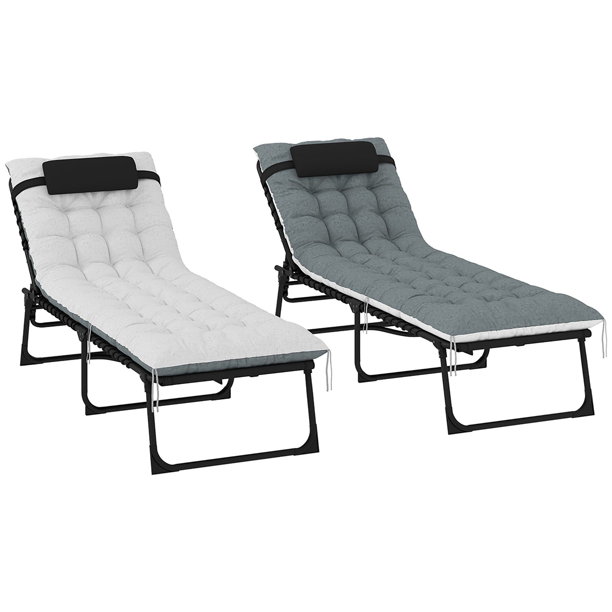 Folding Outdoor Lounge Chair Set of 2, 5-Position Reclining Patio Chaise Lounge Chairs, Tanning Chair with Cushion, Headrest, Side Pocket for Beach, Poolside, Black/Grey