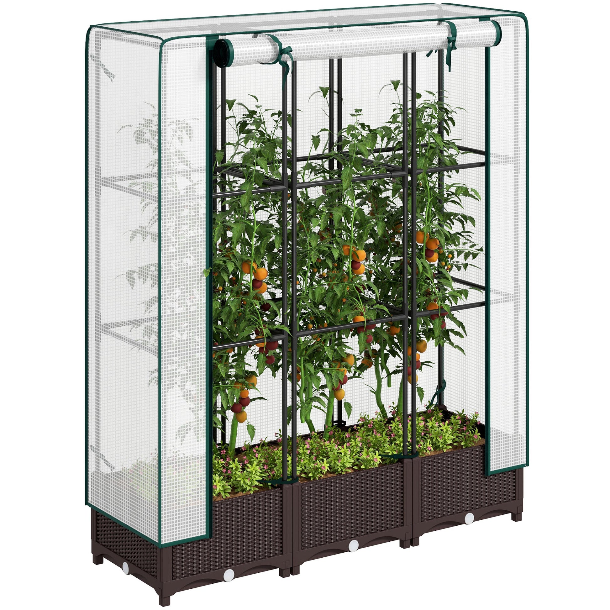 Raised Garden Bed with Trellis, Outdoor Planter Box with PE Greenhouse Cover, Drainage Holes and Zipper Door for Patio, Backyard, Balcony, 47 x 16 x 50 inch, Brown