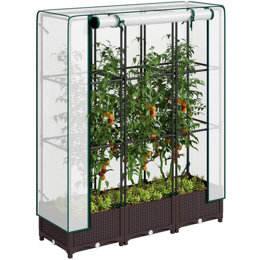 Raised Garden Bed with Trellis, Outdoor Planter Box with PE Greenhouse Cover, Drainage Holes and Zipper Door for Patio, Backyard, Balcony, 47 x 16 x 50 inch, Brown