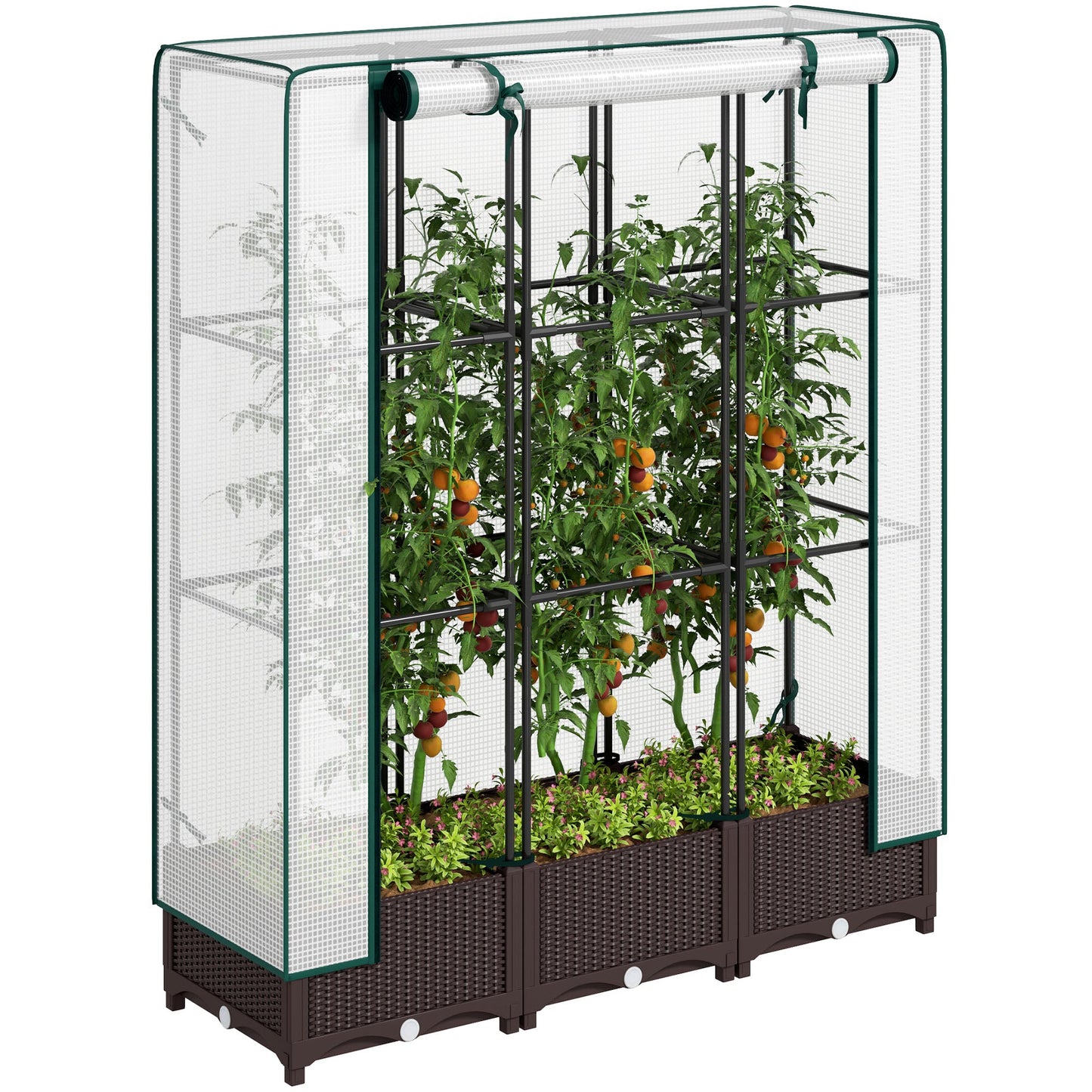 Raised Garden Bed with Trellis, Outdoor Planter Box with PE Greenhouse Cover, Drainage Holes and Zipper Door for Patio, Backyard, Balcony, 47 x 16 x 50 inch, Brown